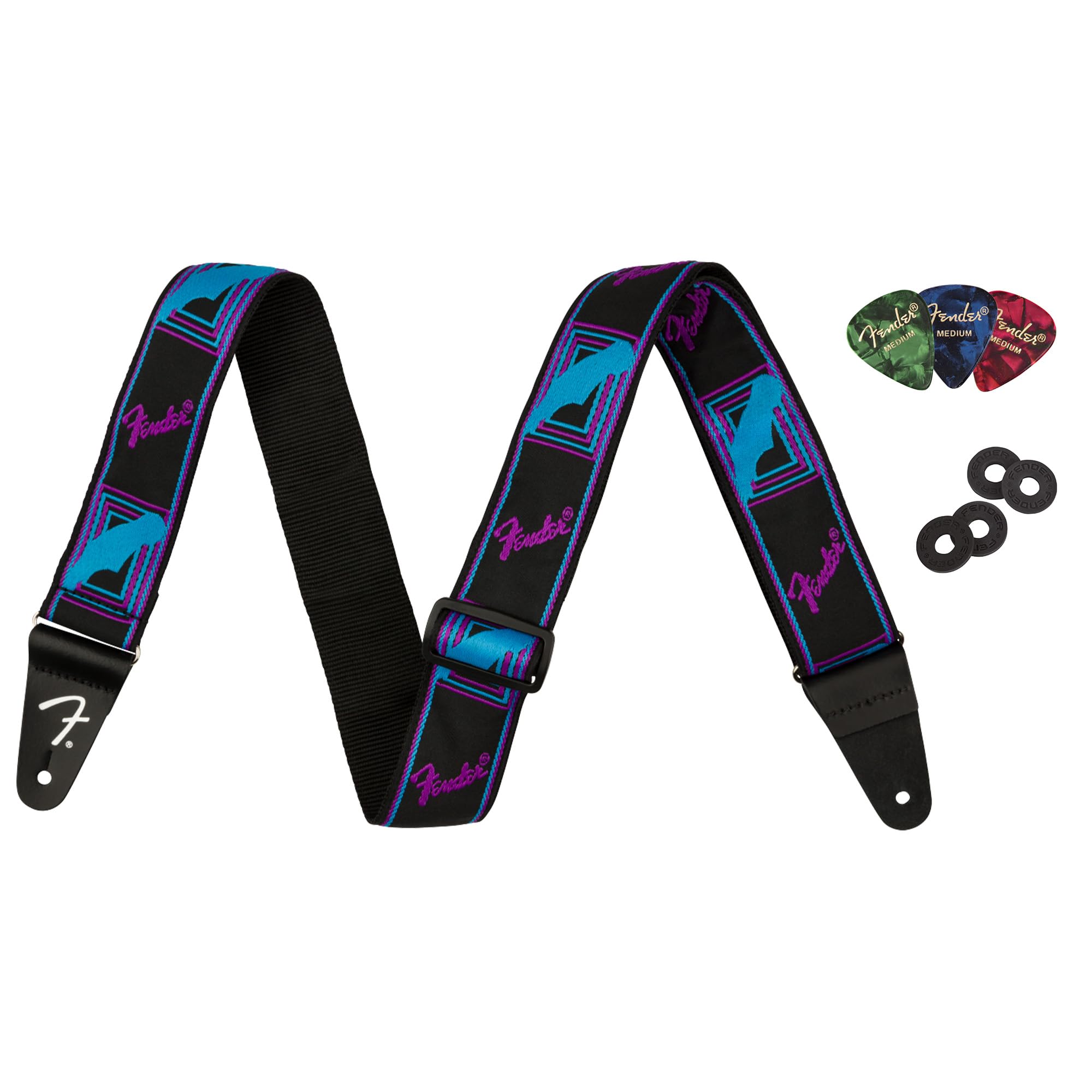 Fender Neon Monogrammed 2-Inch Guitar Strap - Blue And Purple Bundle With Strap Blocks And Picks