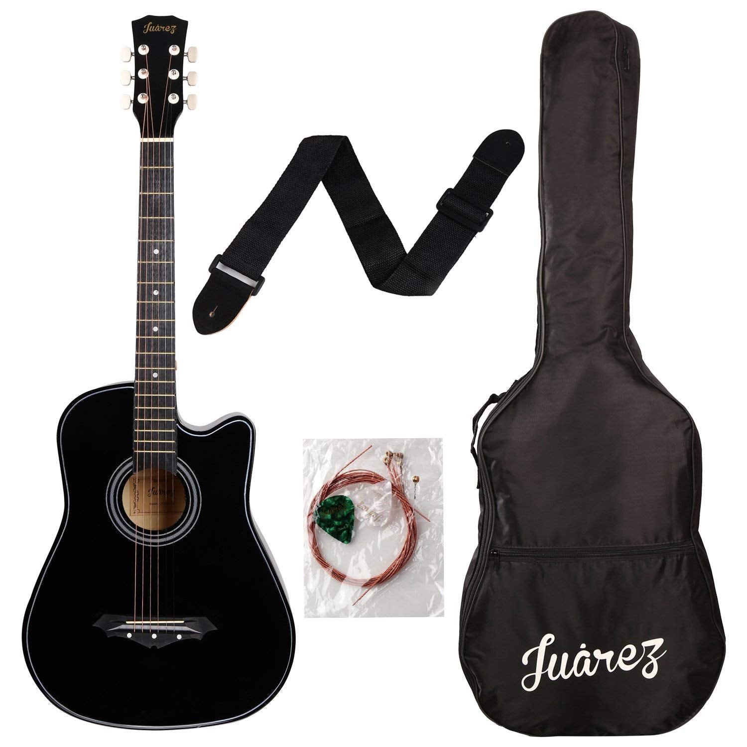 Juarez Lindenwood Acoustic Guitar, 38 Inches Curved Body Cutaway, 38Cur With Bag, Strings, Pick And Strap (Black)