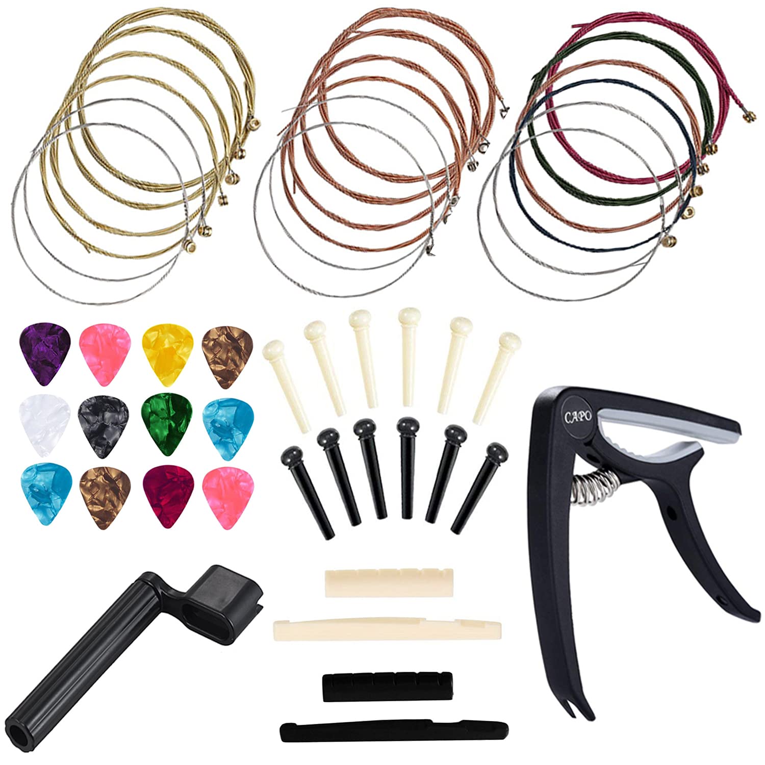 Anvin Acoustic Guitar Accessories Kit Guitar Strings Replacement Changing Tool Including Guitar Acoustic Strings, Picks, Capo, S