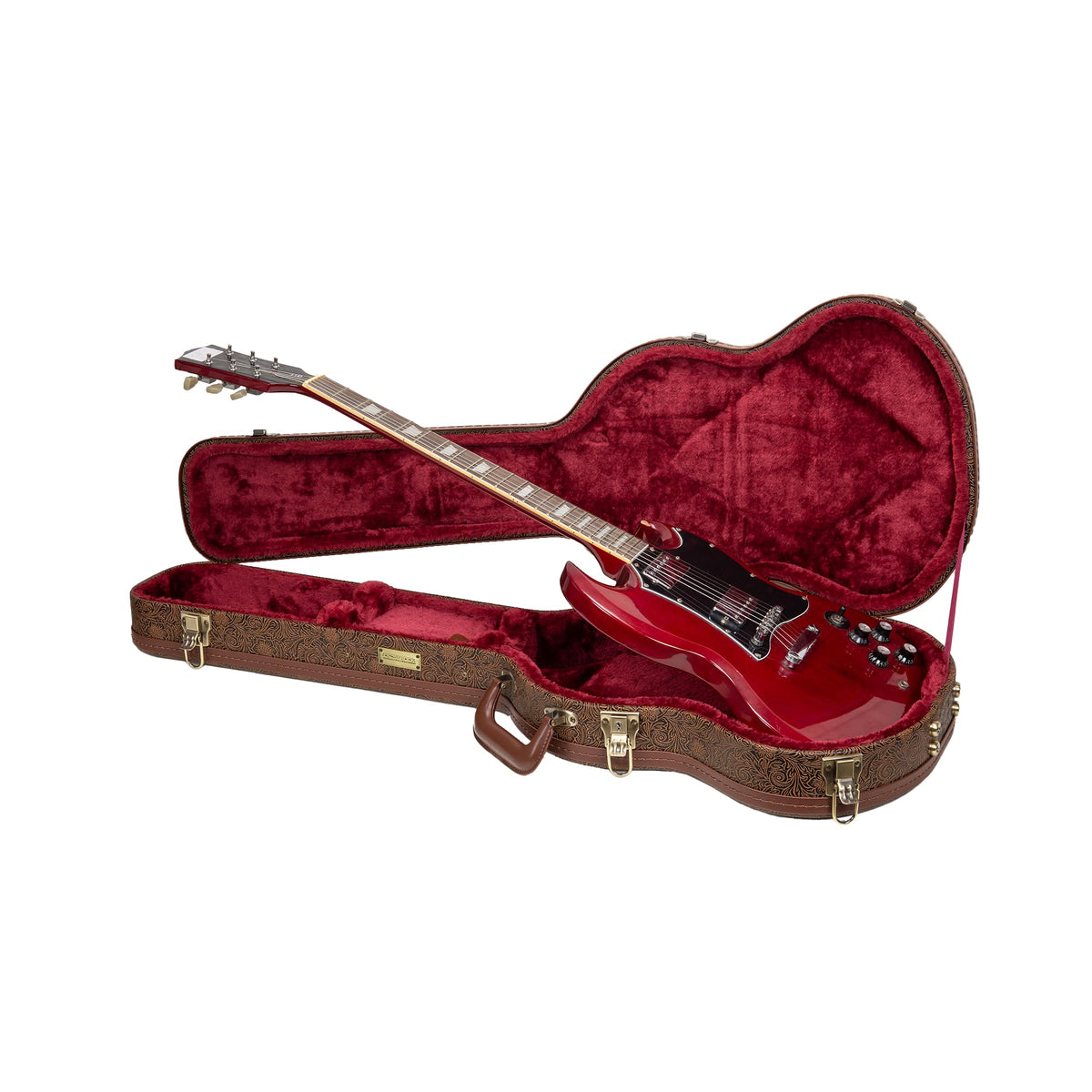 Crossrock Wooden Electric Guitar Case For Gibson Sg | Blossom Brown Faux Leather, Burgundy Velvet Interior, Lock - Designer Seri