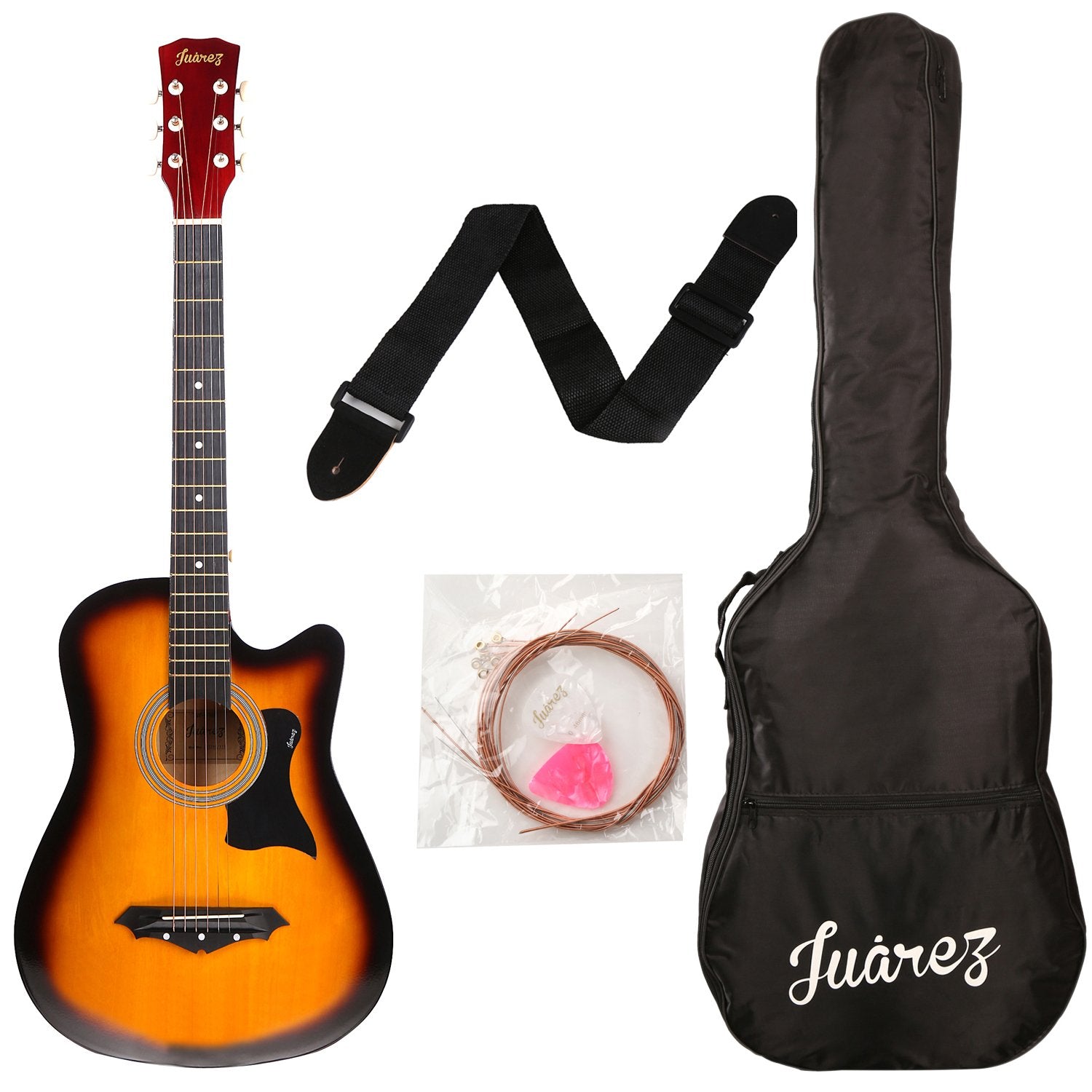 Jurez Acoustic Guitar, 38 Inch Cutaway, 038C with Bag, Strings, Pick and Strap, Black (Acoustic Guitar Kit, SUNBURST)