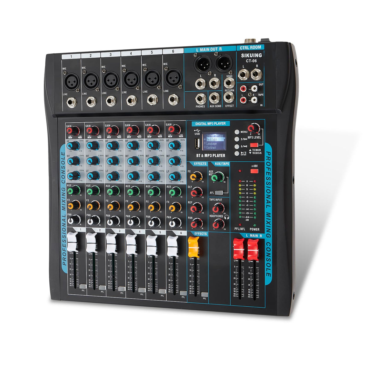 Sikuing 6 Channel Audio Mixer Board For Streaming, Professional Sounds Board With 16 Dsp Effects, Usb Audio Interface And 48V Ph