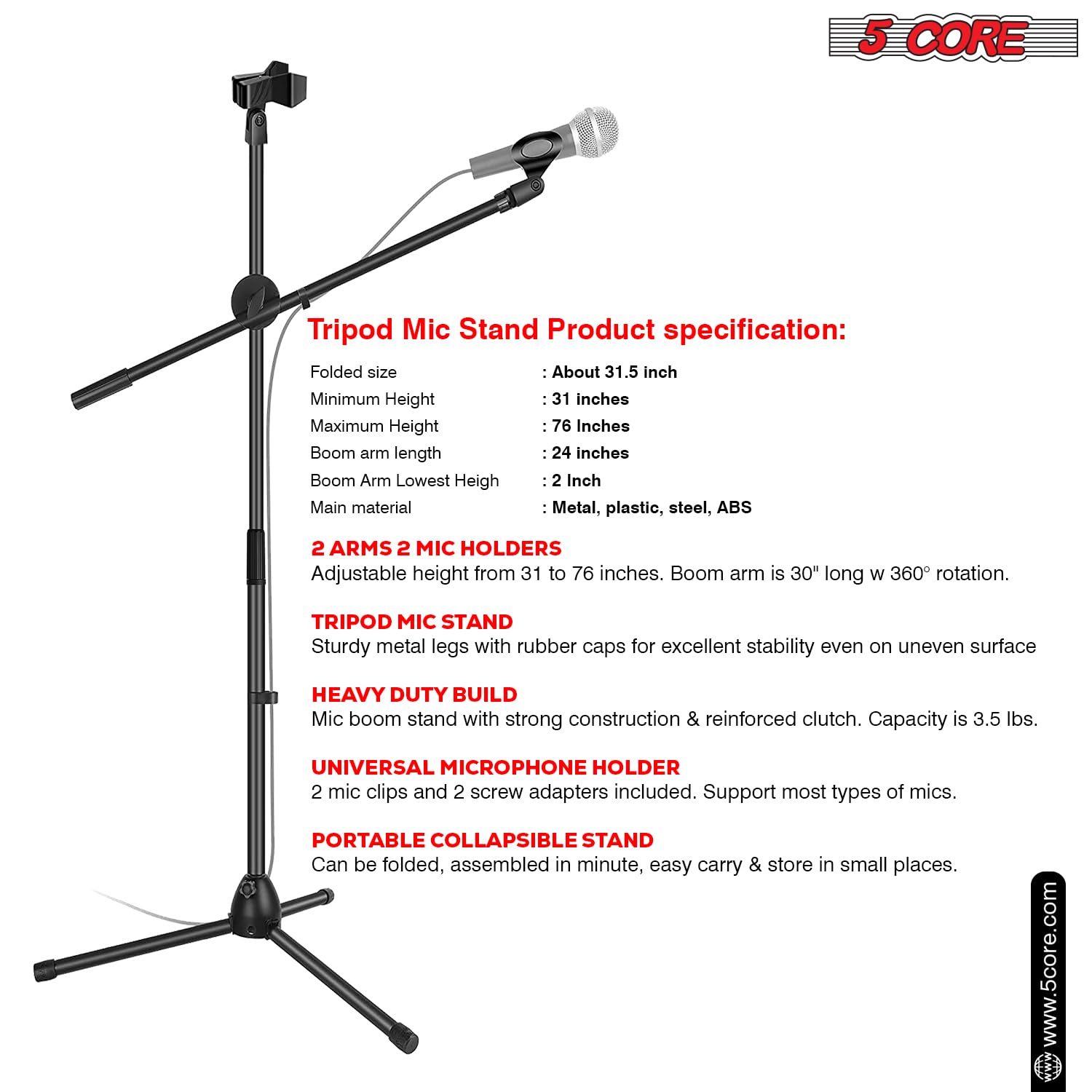 5 Core Tripod Mic Stand Floor Adjustable 31 to 76 Inches Boom Arm Holder Microphone Stands 360 Degree Rotating + Dual Mic MS DBL