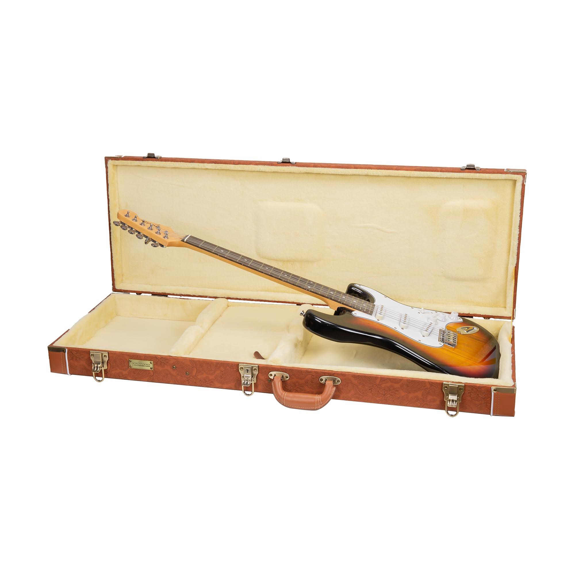 Crossrock Relief Series Electric Guitar Case For Strat & Tele | Carved Red Wood Finish, Ivory Plush Interior, Lock - Premium Woo
