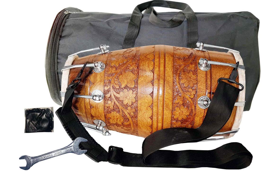 Gt Manufacturers Wooden Musical Instrument Dholak Drum Nuts & Bolt Carving Design1 With Full Tool Kit (Brown)