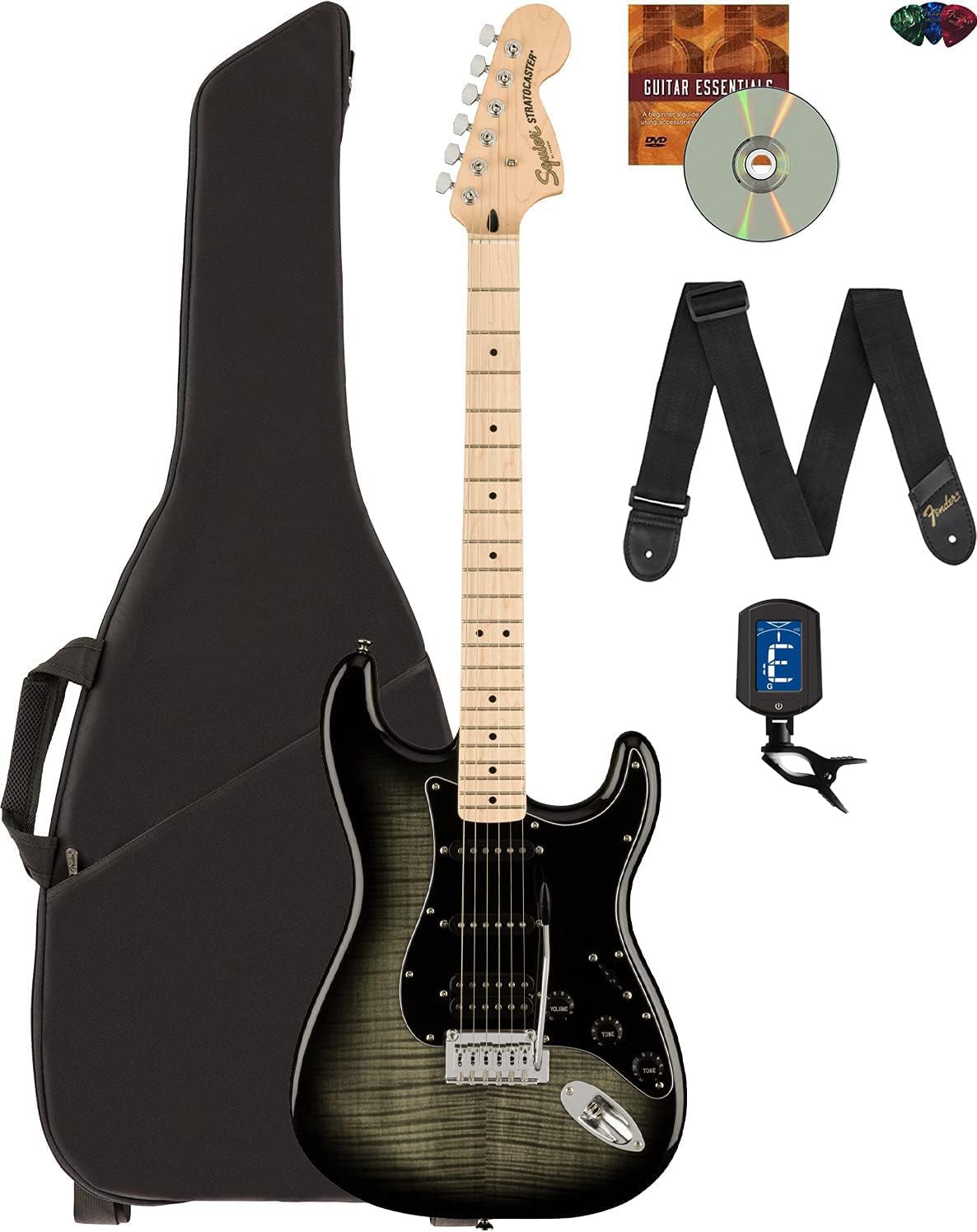 Fender Squier Affinity Stratocaster Fmt Hss - Black Burst Bundle With Gig Bag, Tuner, Strap, Picks, And Austin Bazaar Instructio