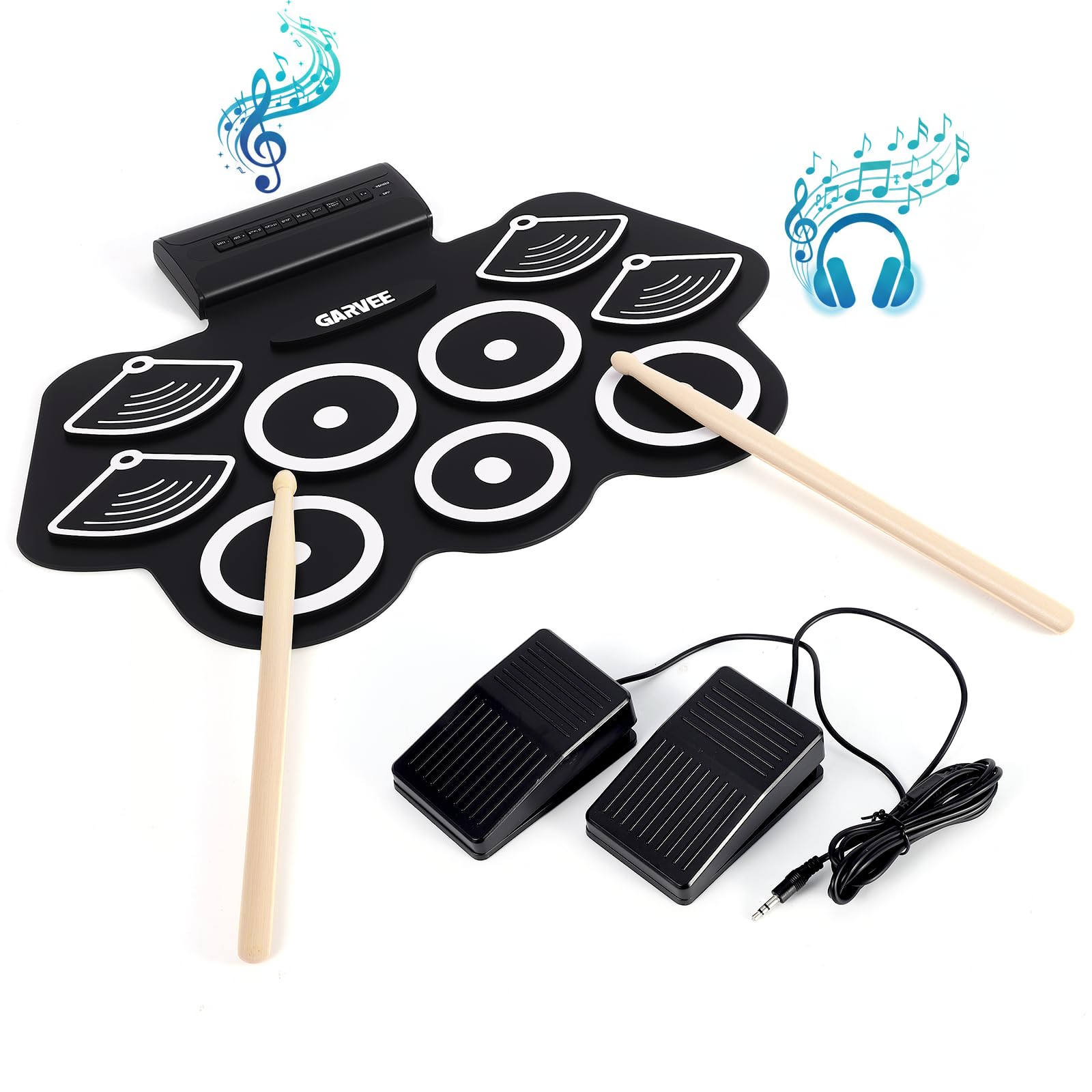 9 Pads Bluetooth Electric Drum Set, Portable Roll Up Electronic Drum Pad with Headphone Jack, Pedals & Sticks, Recording Functio