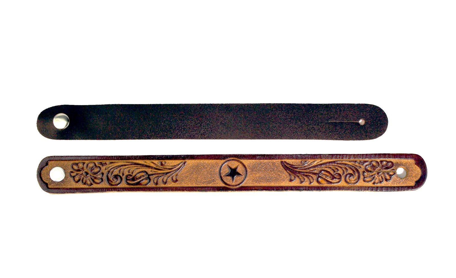 Walker & Williams AT-2 Brown Carving Leather Acoustic Guitar Strap Button Headstock Adaptor For Acoustic, Electric, And Bass Gui