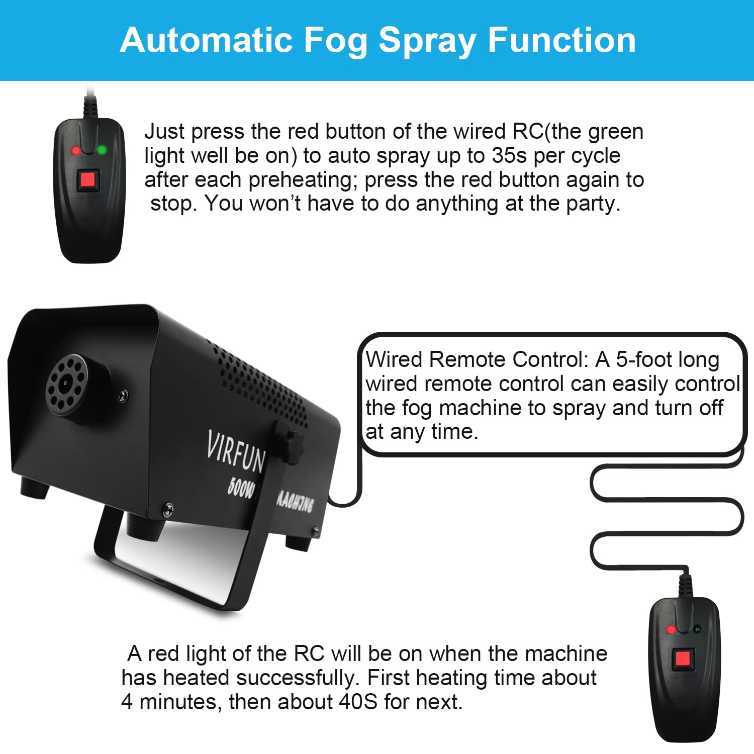 Automatic Smoke Machine, VIRFUN Fog Machine with Auto Mode and Wired Remote Control for Outdoor, Wedding, Indoor, Halloween, Par