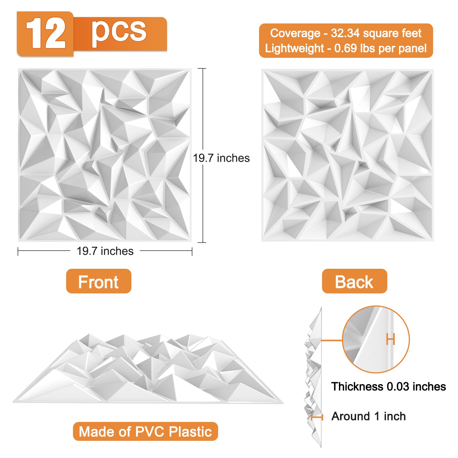 TroyStudio Acoustic Sound Diffuser Panels, 19.7 X 19.7 X 1 inches 12 Pcs White PVC Plastic 3D Wall Panel, Recording Studio Acous