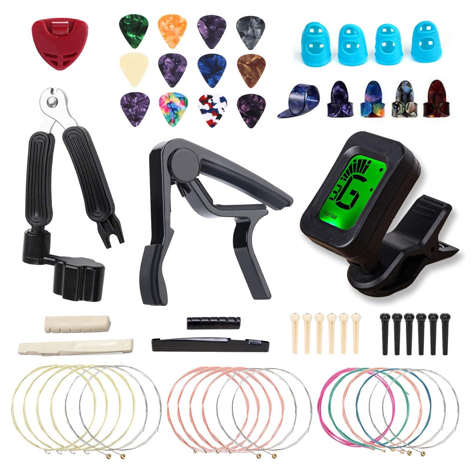 Guitar Accessories Kit with Guitar Strings,Guitar Tuner,Guitar Capo,3-in-1 Restring Tool,Pick Holder,Guitar Picks,Finger Protect