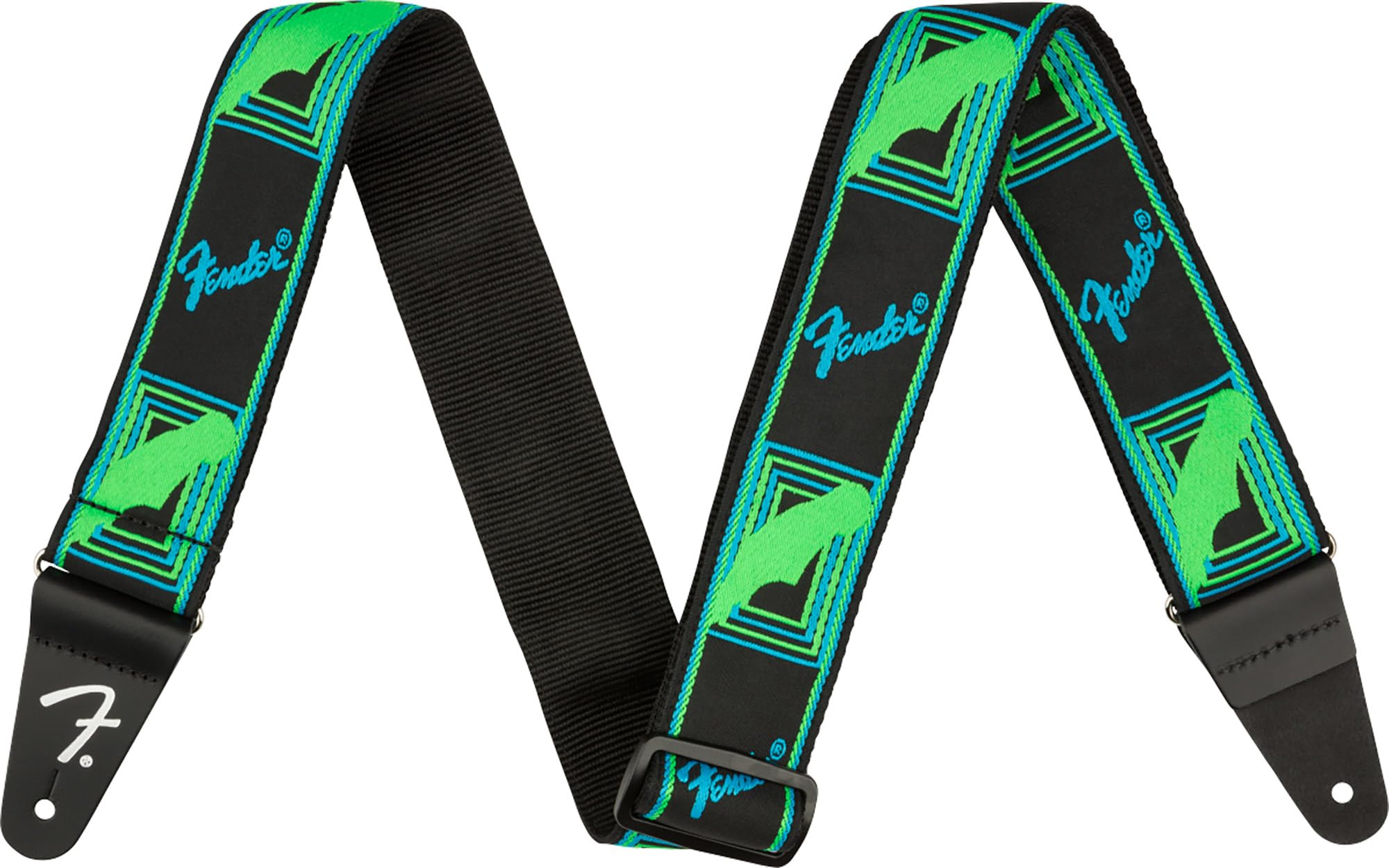 Fender Neon Monogrammed 2-Inch Guitar Strap - Blue and Green Bundle with Strap Blocks and Picks
