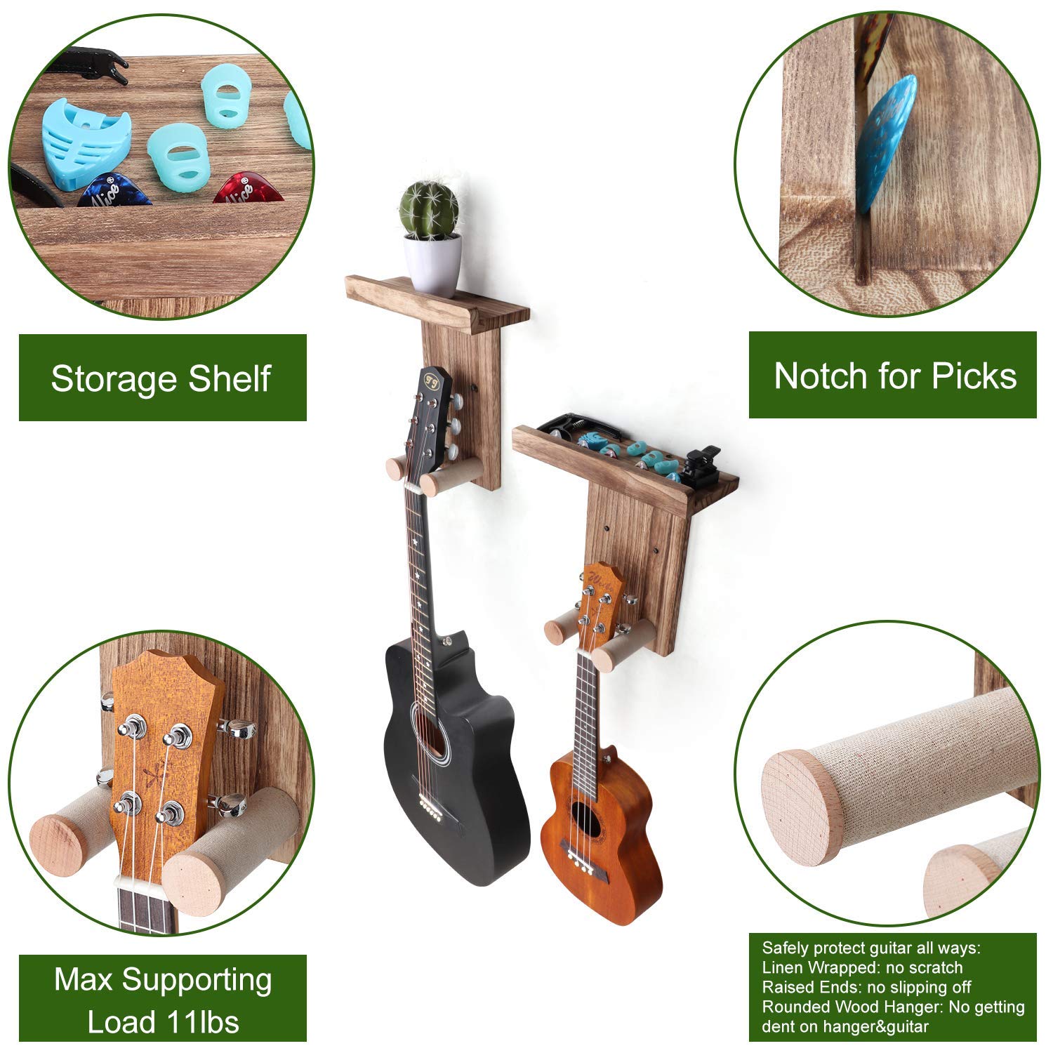 Keebofly Guitar Wall Mount,2 Pack Guitar Wall Hanger Holder Guitar Hanger Shelf with Pick Holder Wood Guitar Rack for Acoustic o