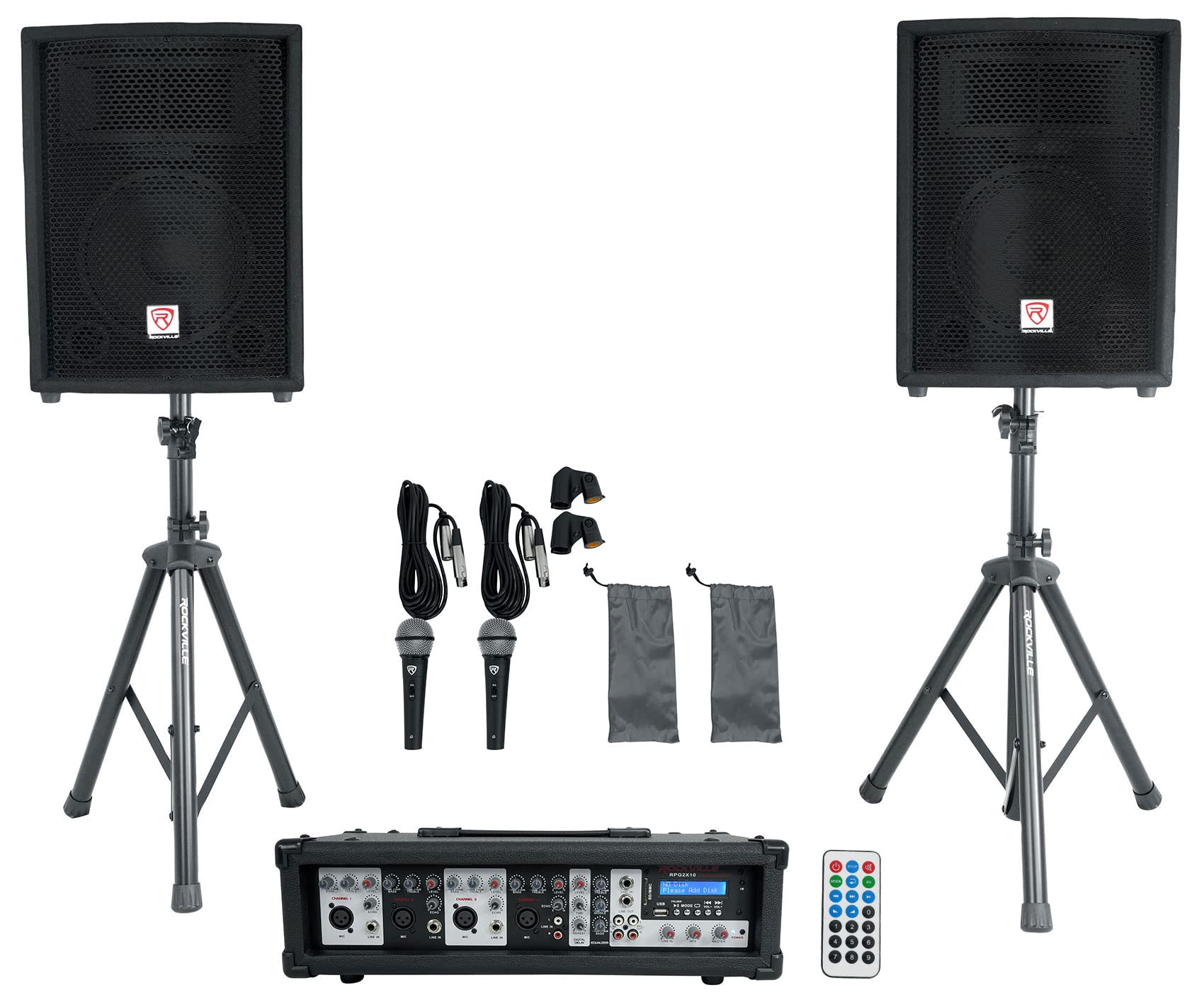 Rockville 10 Speakers + Mixer + Stands + Mics with Bluetooth for Church Sound Systems