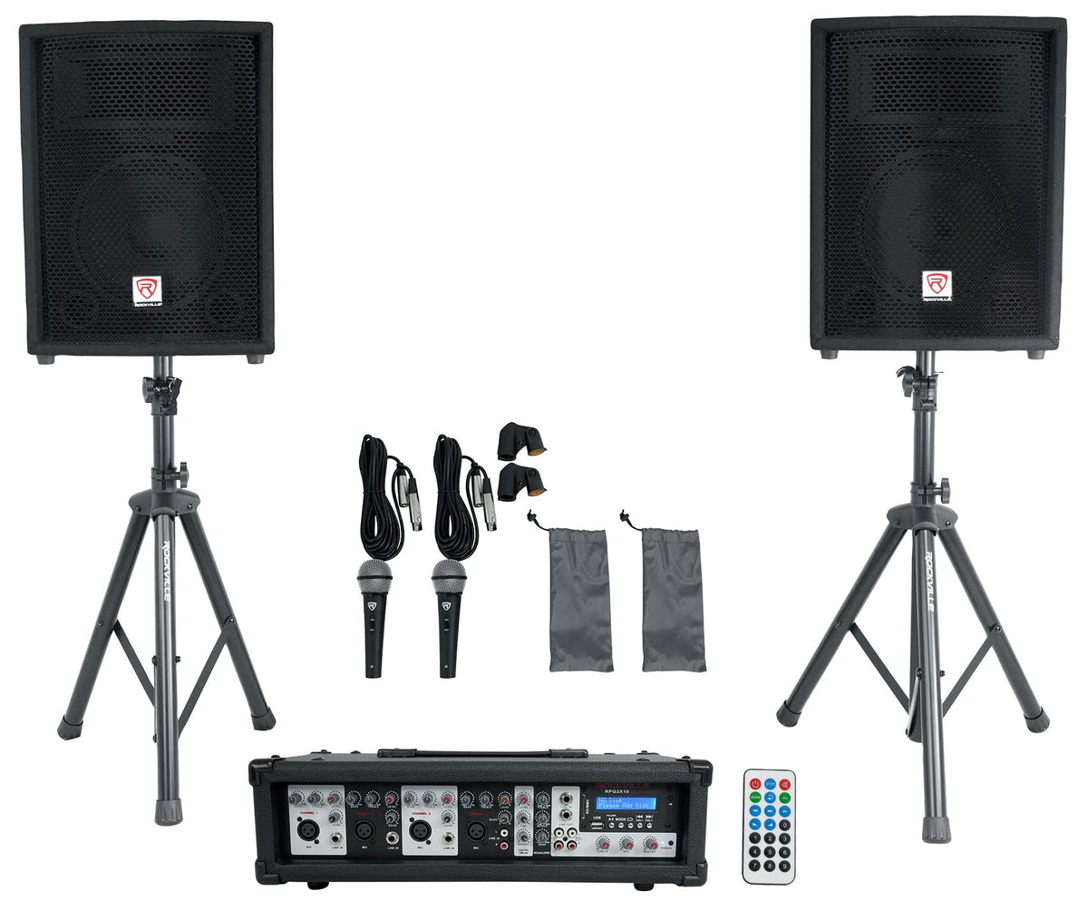 Rockville Package Pa System Mixer/Amp+10'' Speakers+Stands+Mics+Bluetooth, (Rpg2X10)
