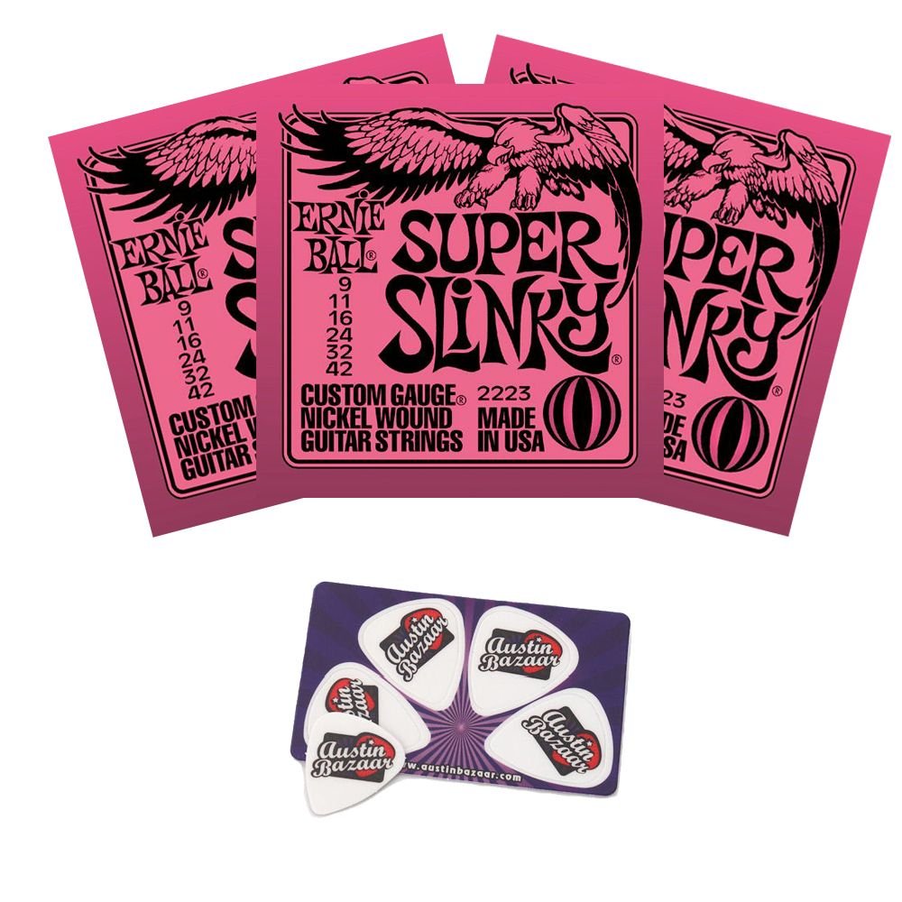 Ernie Ball 2223 Super Slinky String Set (9-42) Electric Guitar Strings - 3 Pack With Picks