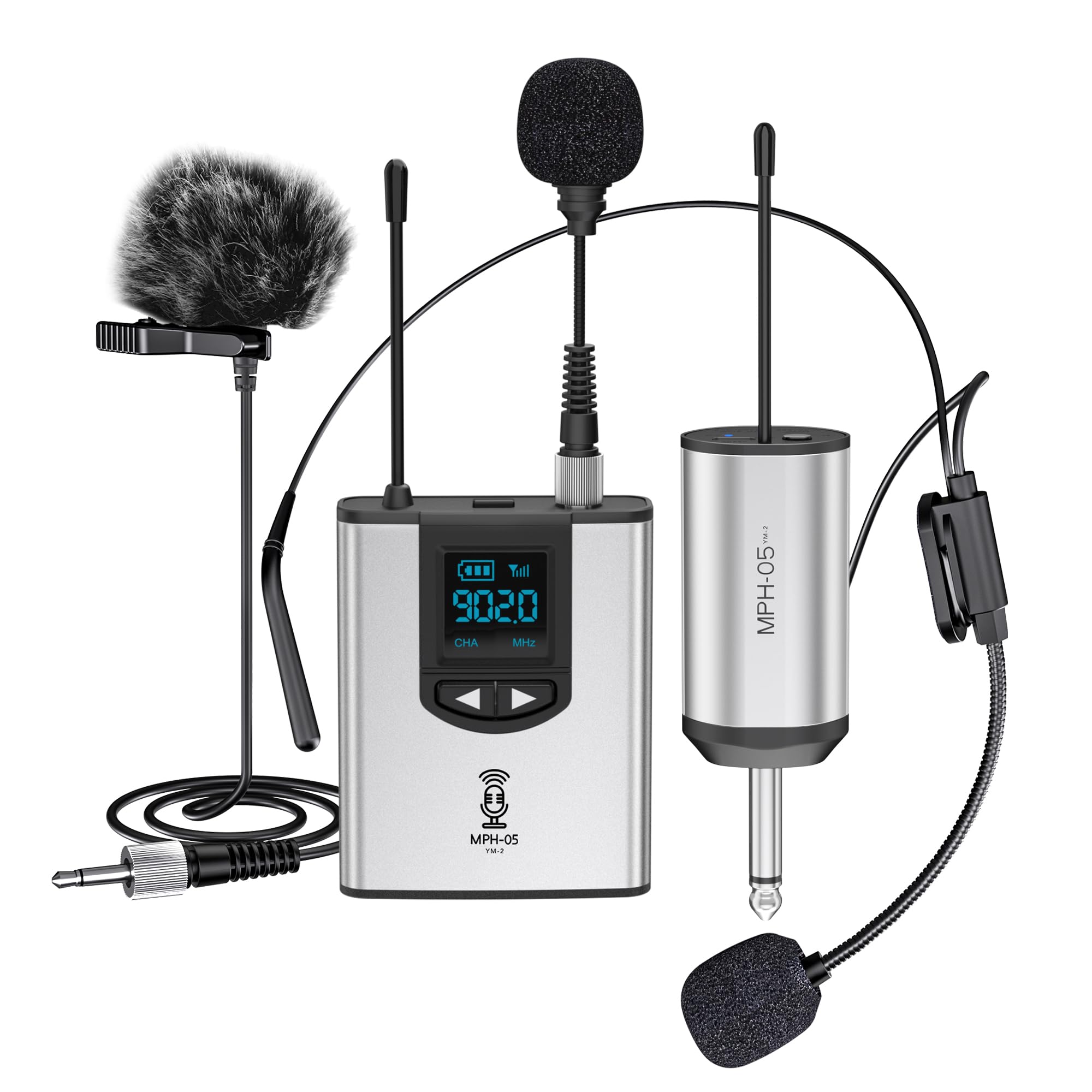 Wireless Microphone System Headset/Stand/Lavalier Lapel Mic with Rechargeable Bodypack Transmitter Receiver for Smartphone, PA S