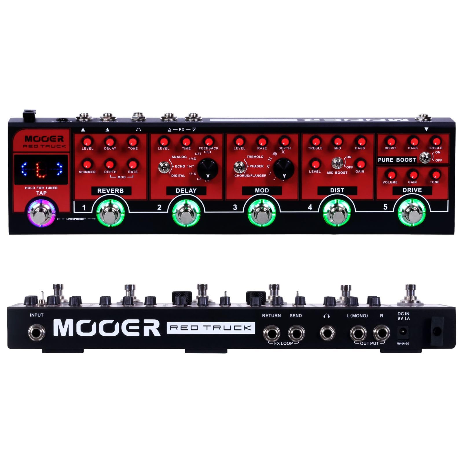 MOOER Red Truck Guitar Multi Effects Guitar FX Loop with Analogue Boost, Overdrive, Distortion Effects and Digital Ambiance Tone