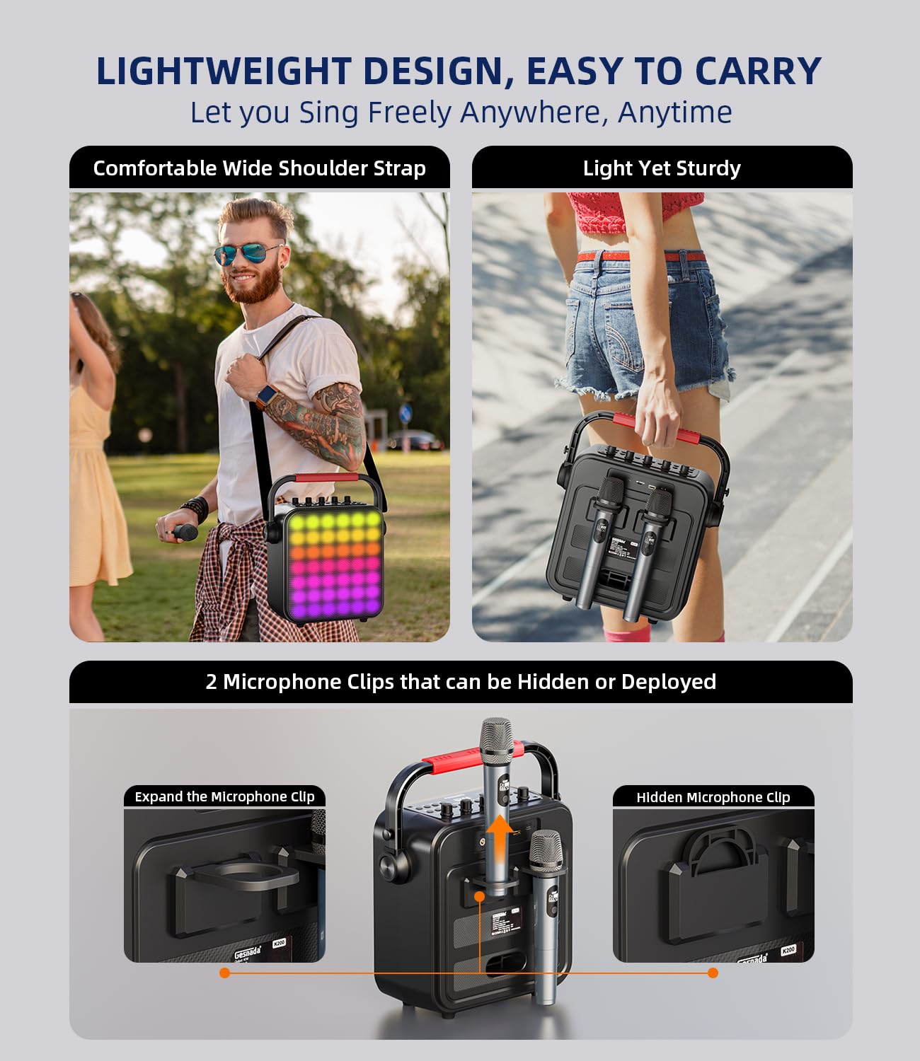 Karaoke Machine for Adults & Kids with Full-Screen LED Lights, Portable BT Speaker with 2 Microphones, Bass/Treble Adjustment, S