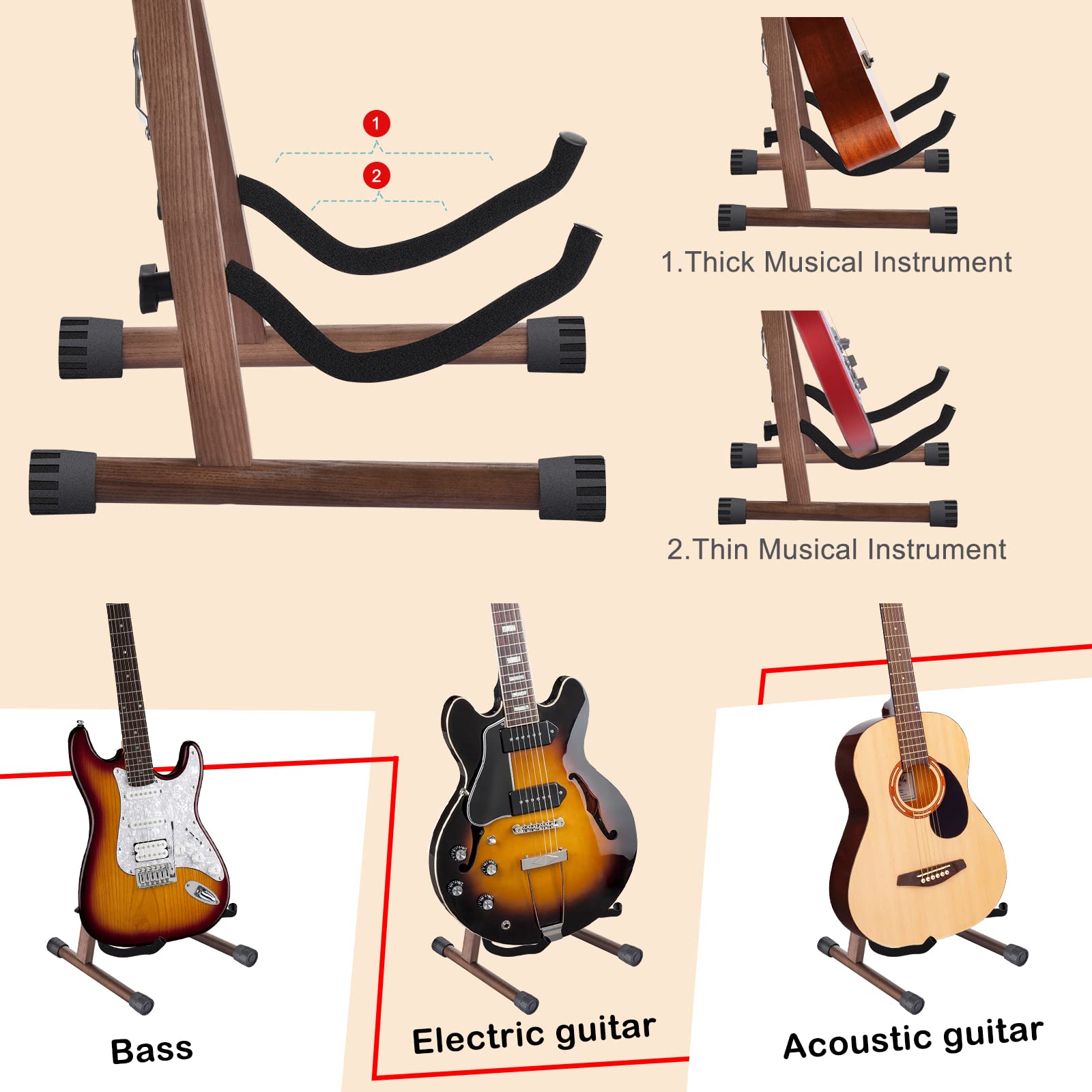 DOMMI Guitar Stand, Wooden Guitar Stand for Acoustic Guitars, Electric and Bass, Folding A-Frame Acoustic Guitar Stand with Non-
