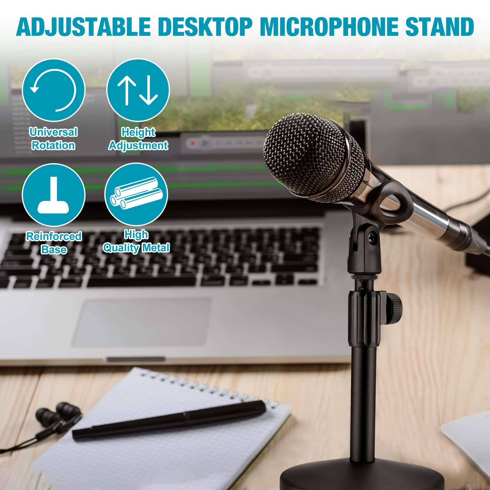 Hoteam 2 Pcs Desktop Microphone Stand Adjustable Table Mic Stand Mic Clip Mic Stand Desk with 5/8'' Male to 3/8'' Female Screw M