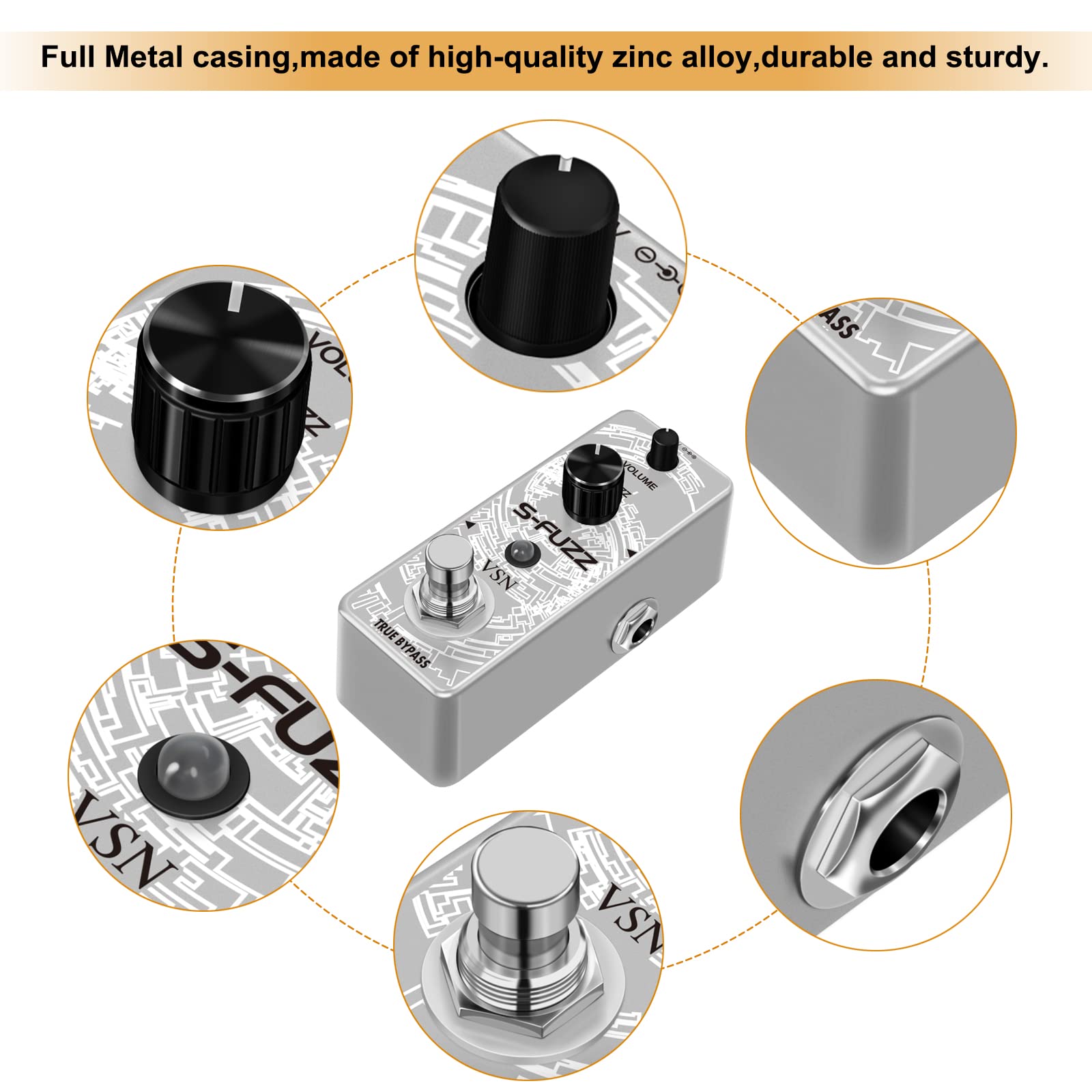 VSN Guitar Fuzz Traditional Rich, zinc alloy Classic Effects Pedal