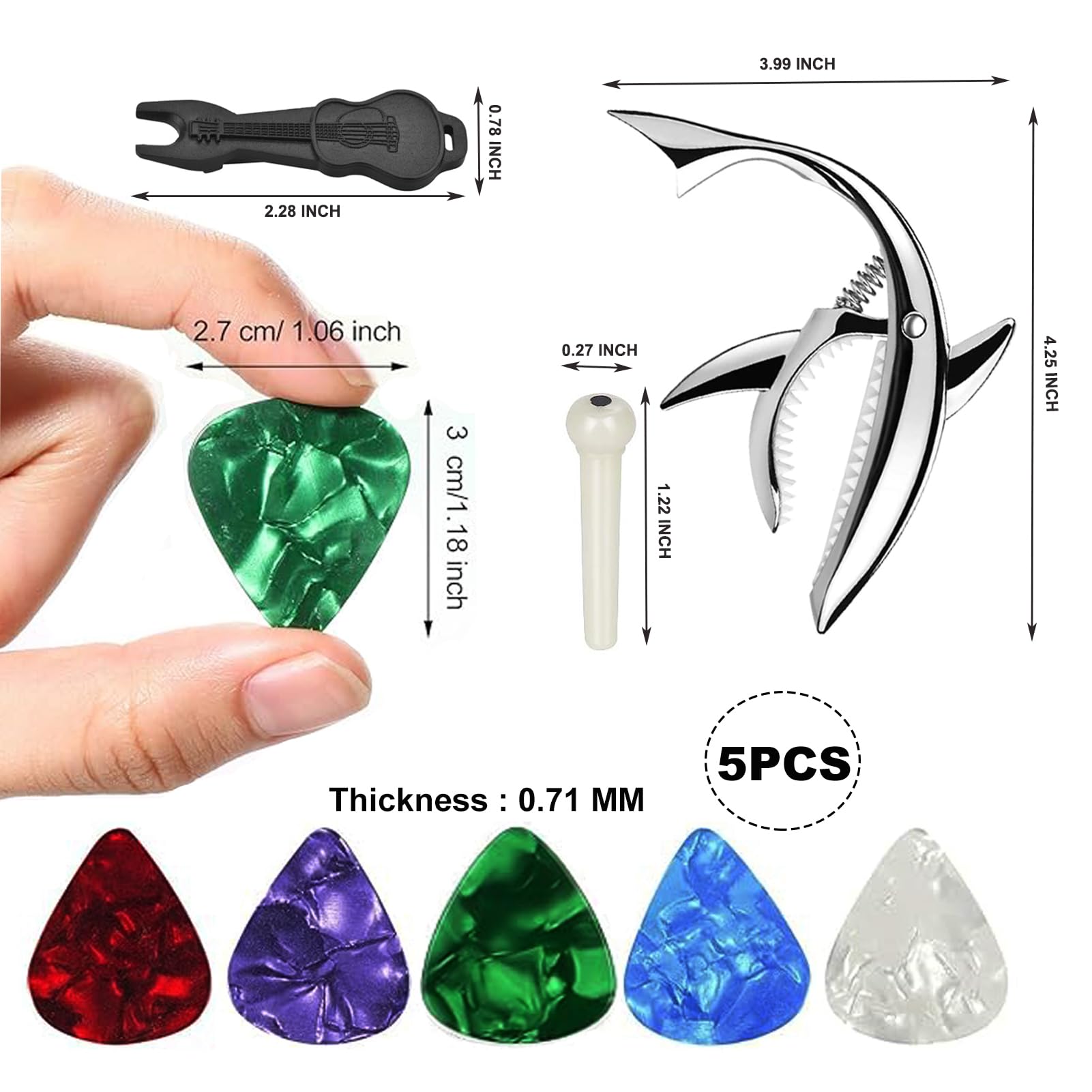 Shark Guitar Capo for Electric Acoustic Classical Guitar with 6 Pcs Acoustic Guitar Bridge Pins & Bridge Pin Puller Remover, Gui