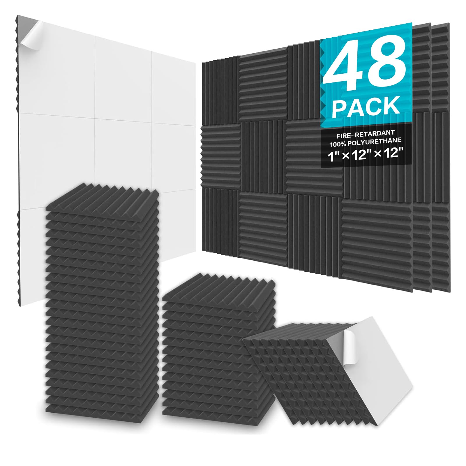 Jber Acoustic Foam Panels, 48 Pack 12X12X1 Inch Upgraded Self-Adhesive Soundproof Wall Panels Sound Absorbing Panel Treatment Fo