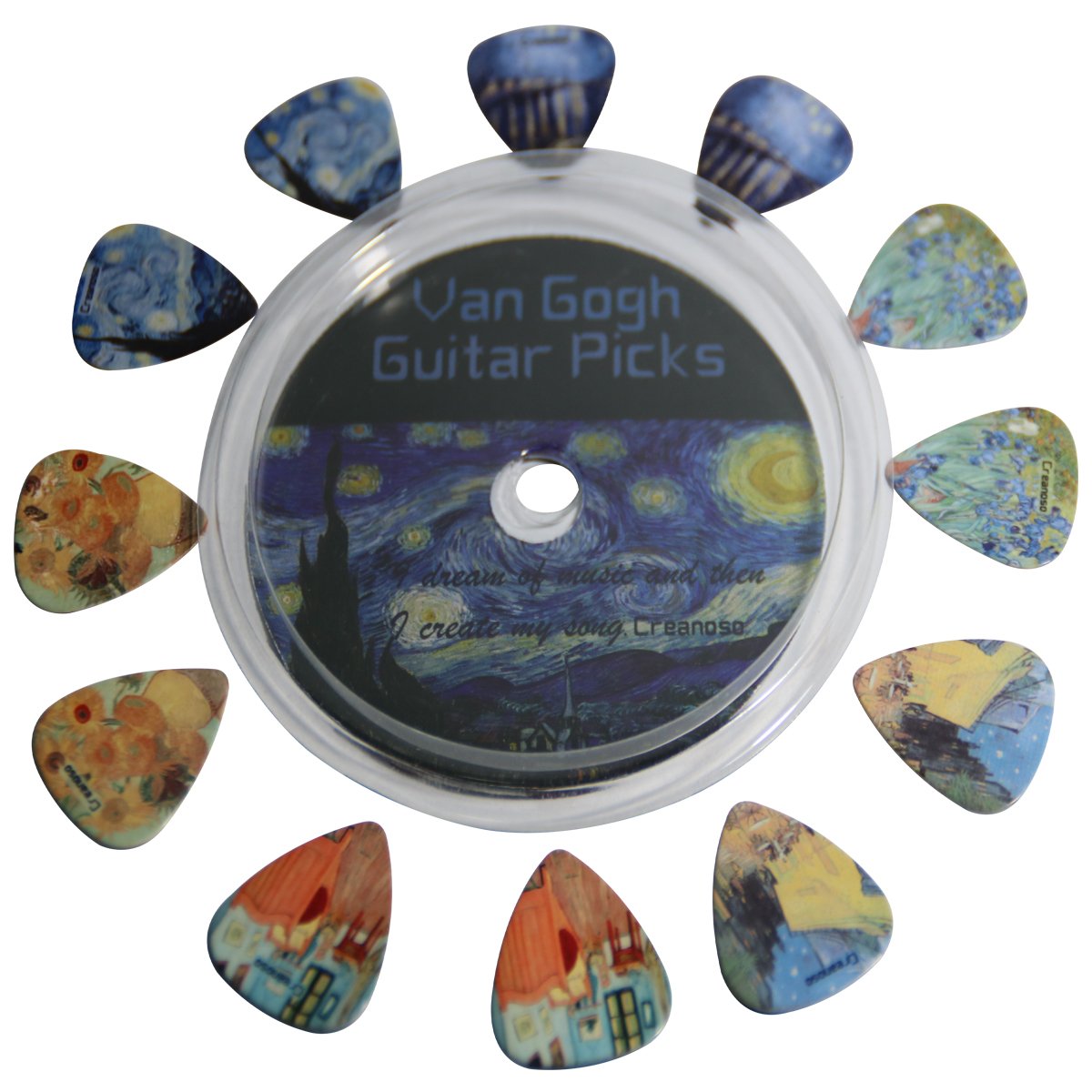 Creanoso Vincent Van Gogh Guitar Picks - Celluloid Medium 12 Pack - Starry Night Sunflowers Cafe - Best Stocking Stuffer Gifts f