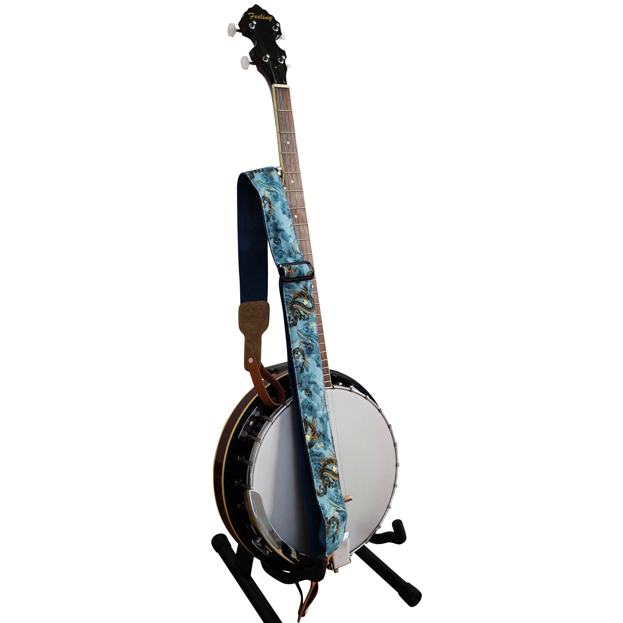 MUSIC FIRST Original Design, 2 inch width (5cm), Ukiyoe Style The Dragon King    Soft Muslin & Genuine Leather Delux Banjo Strap