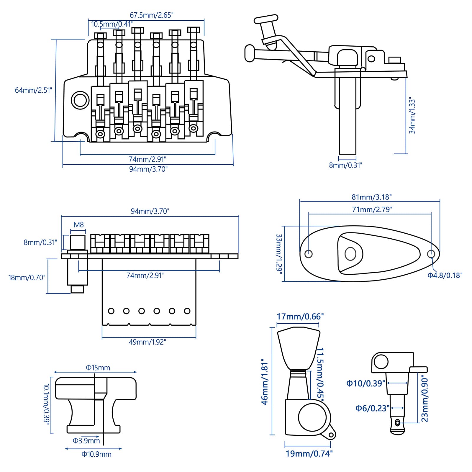 Swhmc Black Guitar Tremolo Bridge with Bar Double Strat Locking for Floyd Rose Type and 6R Sealed Gear Tuning Pegs Keys Machine