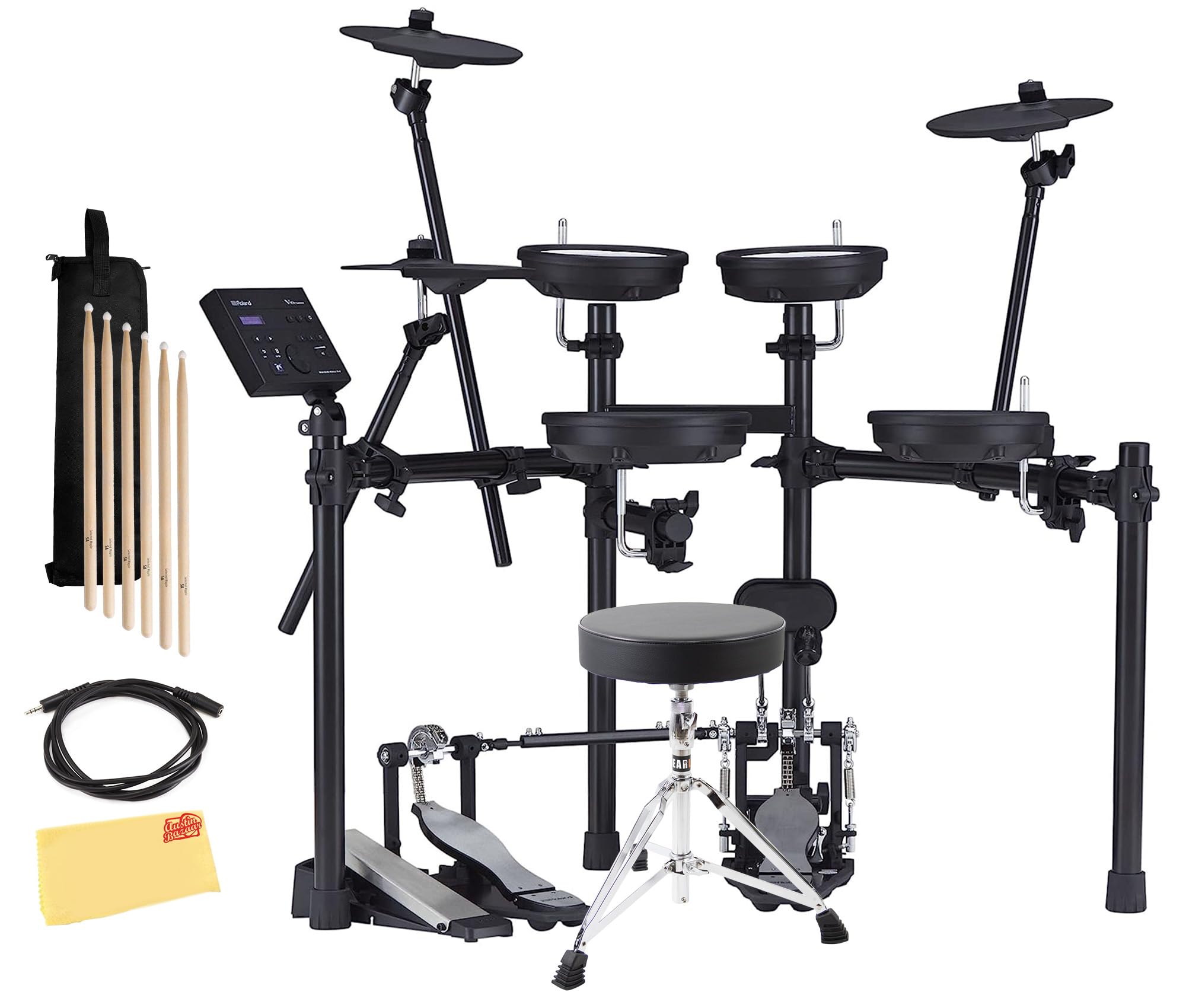 Roland V-Drums TD-07DMK Electronic Drum Set Bundle with Drum Throne, Drumstick Bag, 3.5mm Audio Cable, 3 Pairs of Drumsticks, an