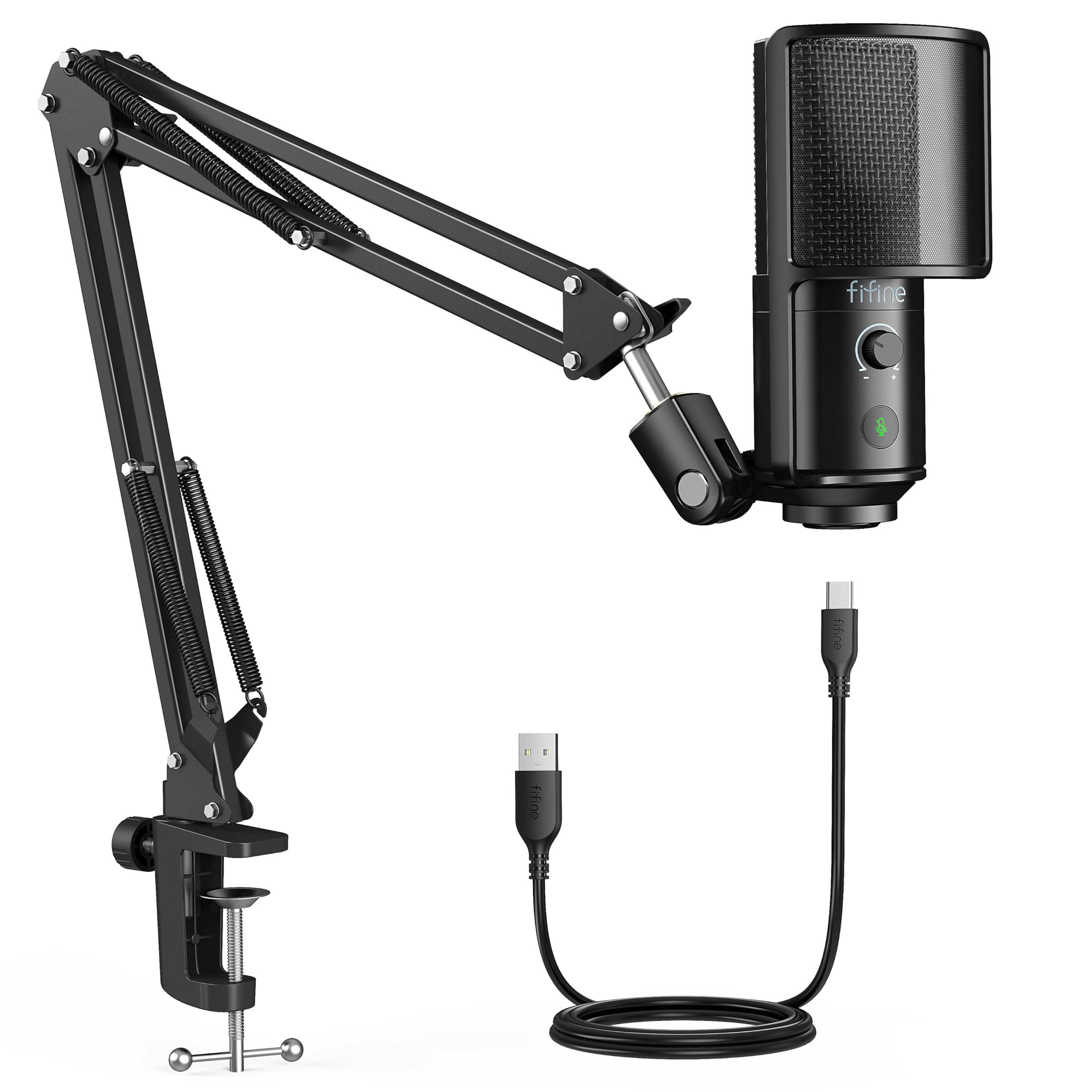 FIFINE USB Podcast Microphone, PC Computer Condenser Microphone Plug & Play Mic Kit with Boom Arm Stand, 16MM Large Diaphragm, M