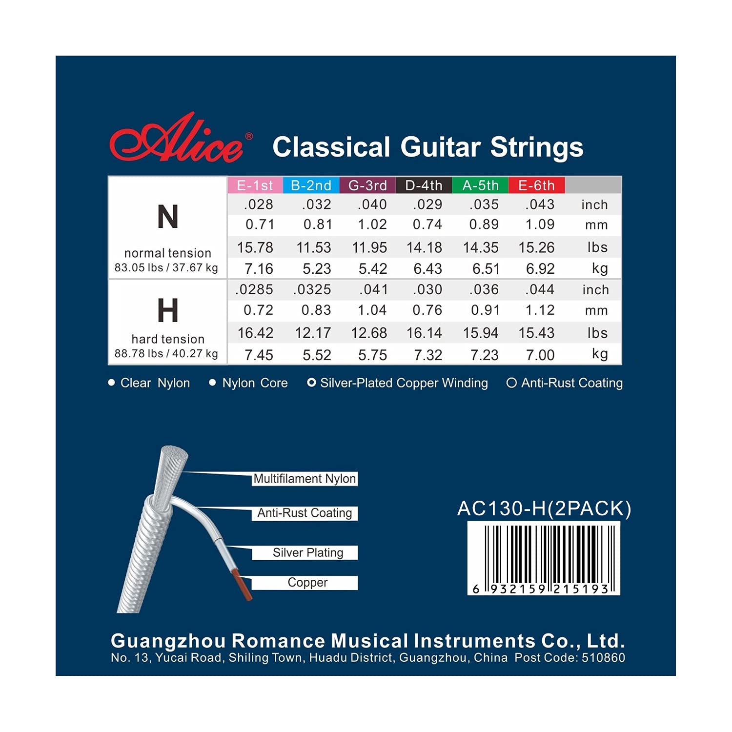 Alice Nylon Classical Guitar Strings .0285-.044 Hard Tension with Sliver Plated Copper Winding Anti-Rust Coating, 2 Sets