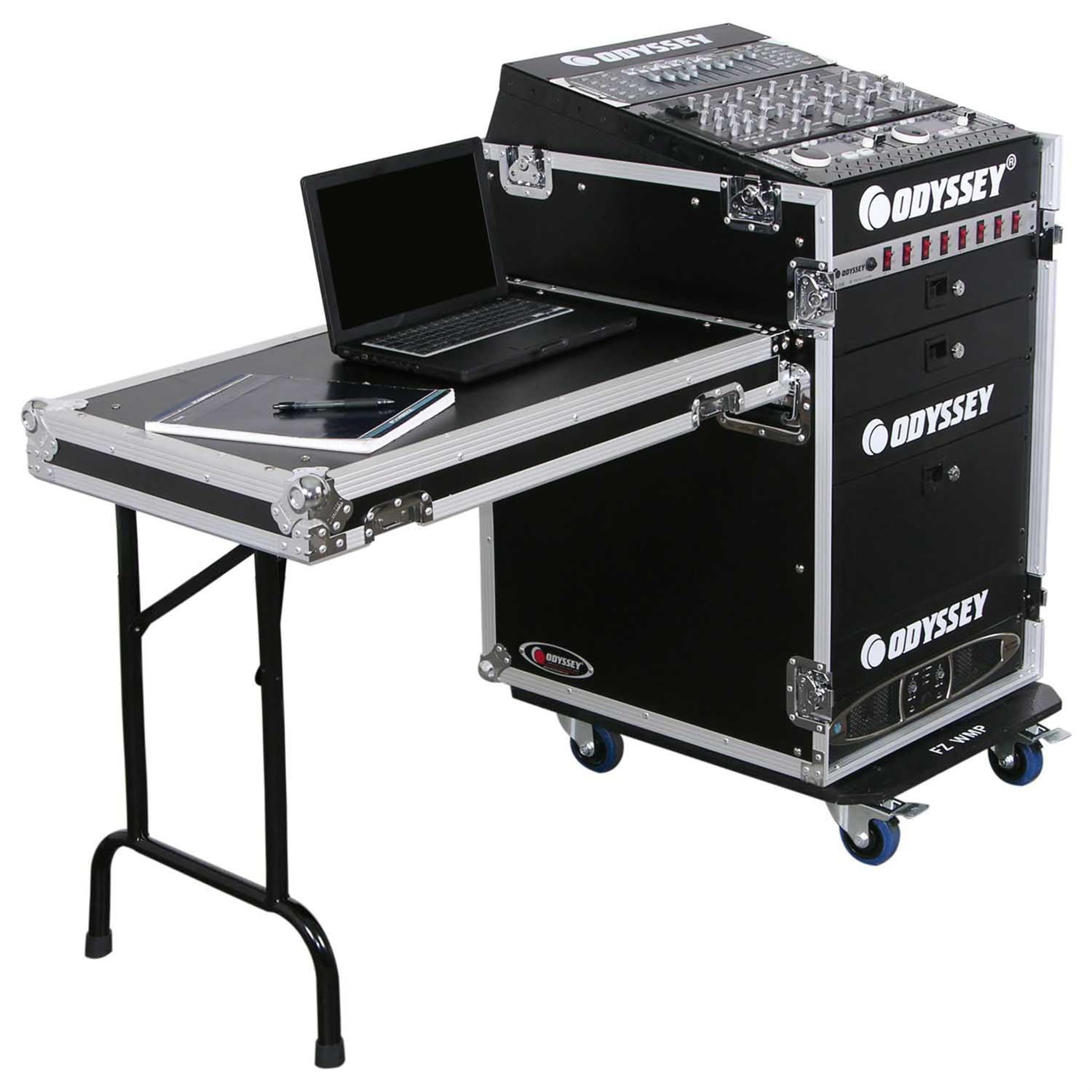 Deluxe 13U Top Slanted 16U Bottom Vertical Pro Combo Rack with Side Table and Casters