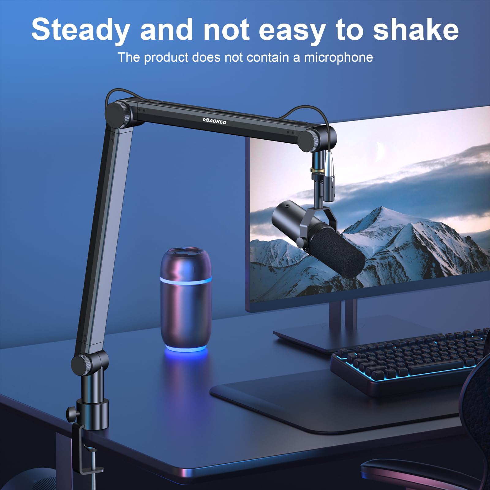 Aokeo Mic Arm, Boom Arm Microphone Stand Desk with Mount Clamp Cable Management Channels Detachable Riser 5/8'' Thread Adapter f