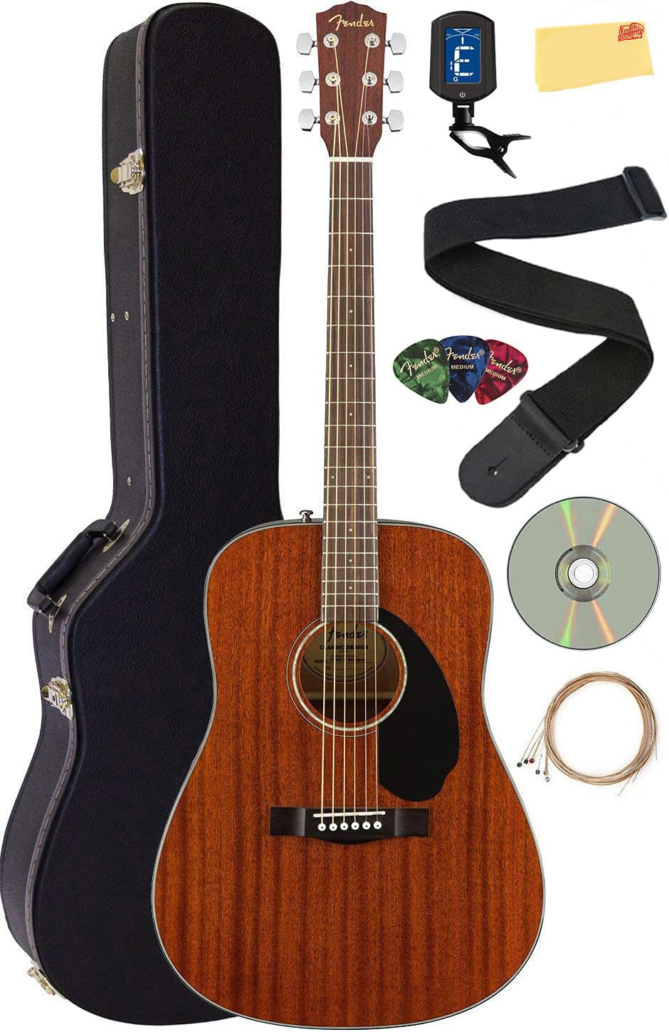 Fender Cd-60S Solid Top Dreadnought Acoustic Guitar - All Mahogany Bundle With Hard Case, Tuner, Strap, Strings, Picks, Polishin