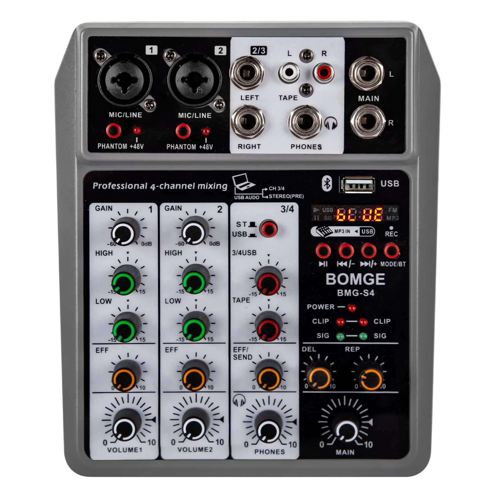 BOMGE Professional Audio Mixer, Sound Board Mixing Console with 4 Channel Digital USB Bluetooth Echo Delay Effect, Input 48V Pha