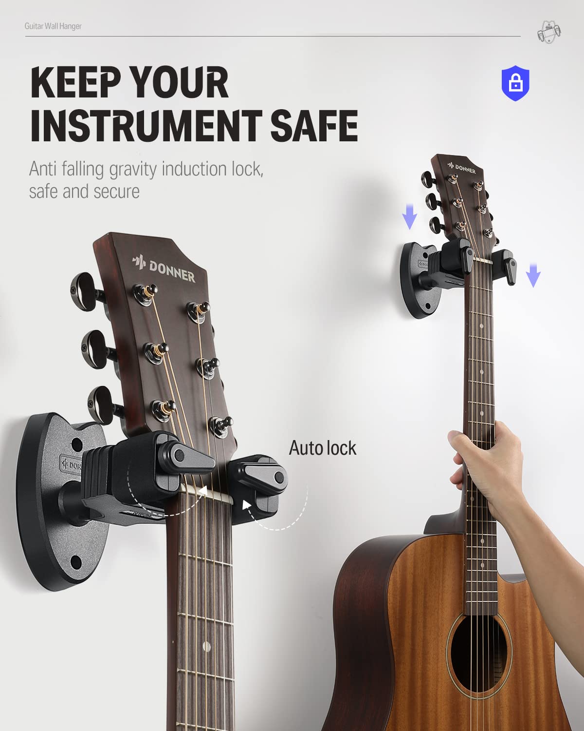 Donner Guitar Wall Mount Locking 2-Pack, Guitar Wall Hangers Auto Lock for Acoustic Electric Guitar Bass Mandolin, Black
