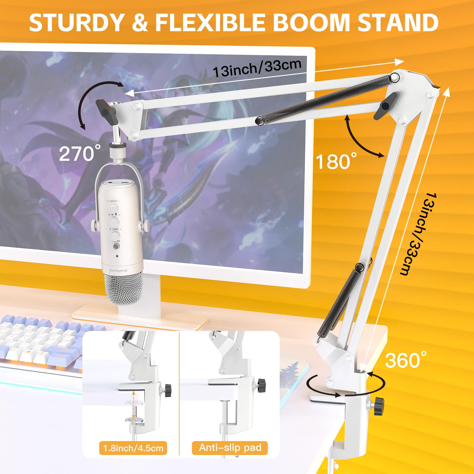 ZealSound Gaming Microphone Kit,Podcast Condenser USB Mic with Boom Arm,Supercardioid Microphone with Mute Button,Echo Volume Ga