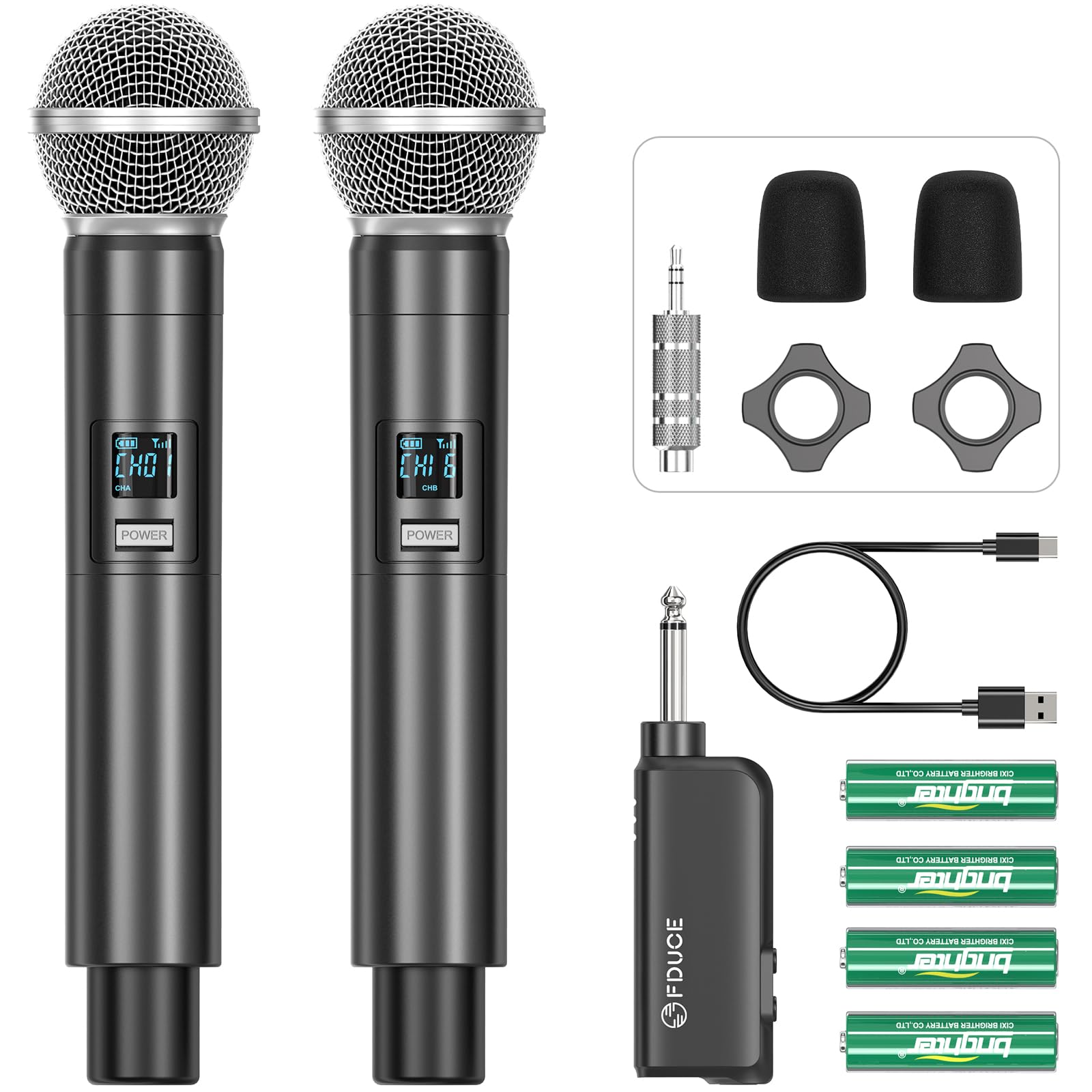 FDUCE Wireless Microphone, UHF Dual Cordless Dynamic Mic System with Rechargeable Receiver, for Karaoke Singing, Wedding, DJ, Pa