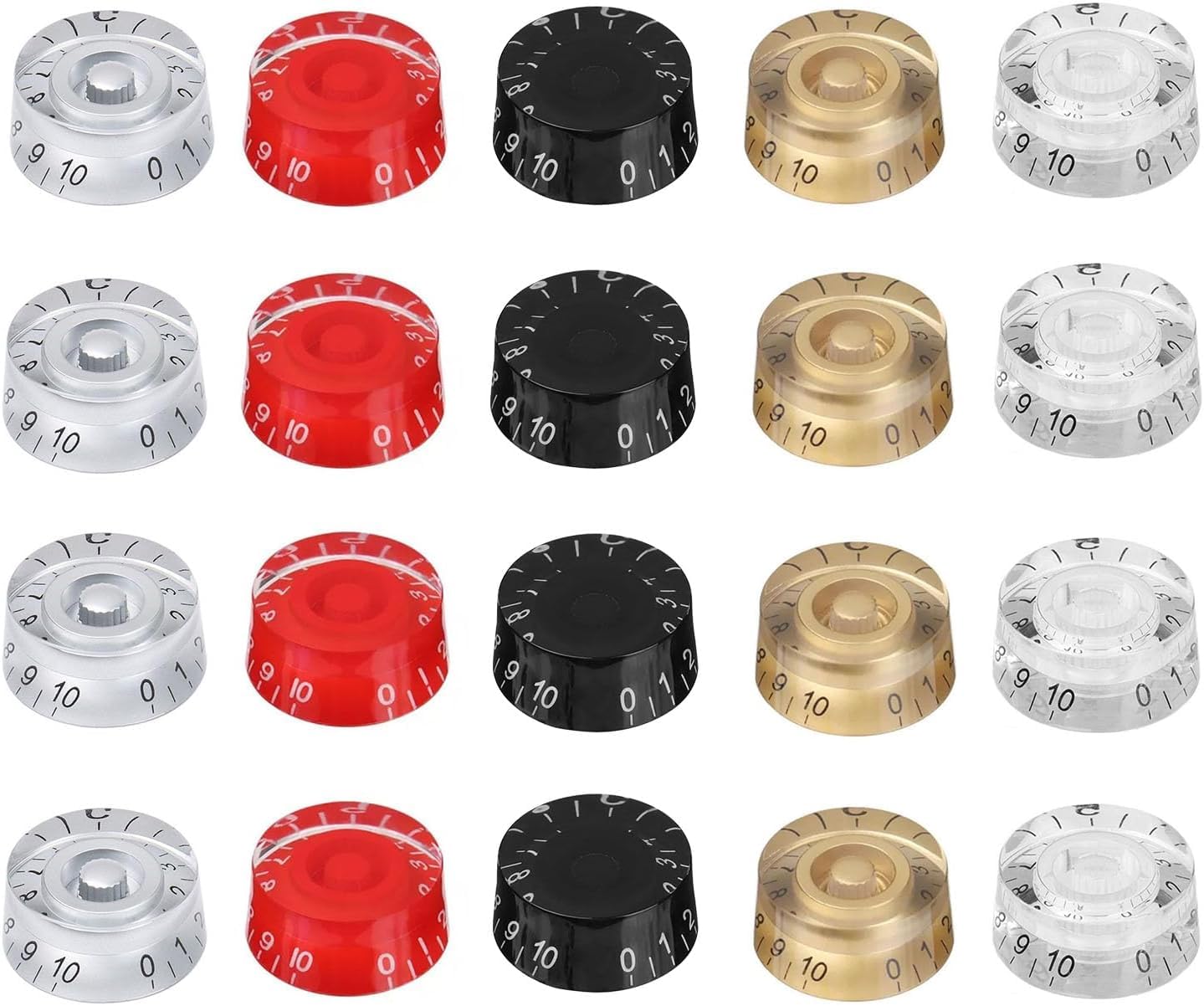 Samherome 5 Colors 20Pcs Clear Digital Electric Guitar Knobs, Premium Acrylic Speed Volume Tone Control Knobs Vintage Pedal Cont