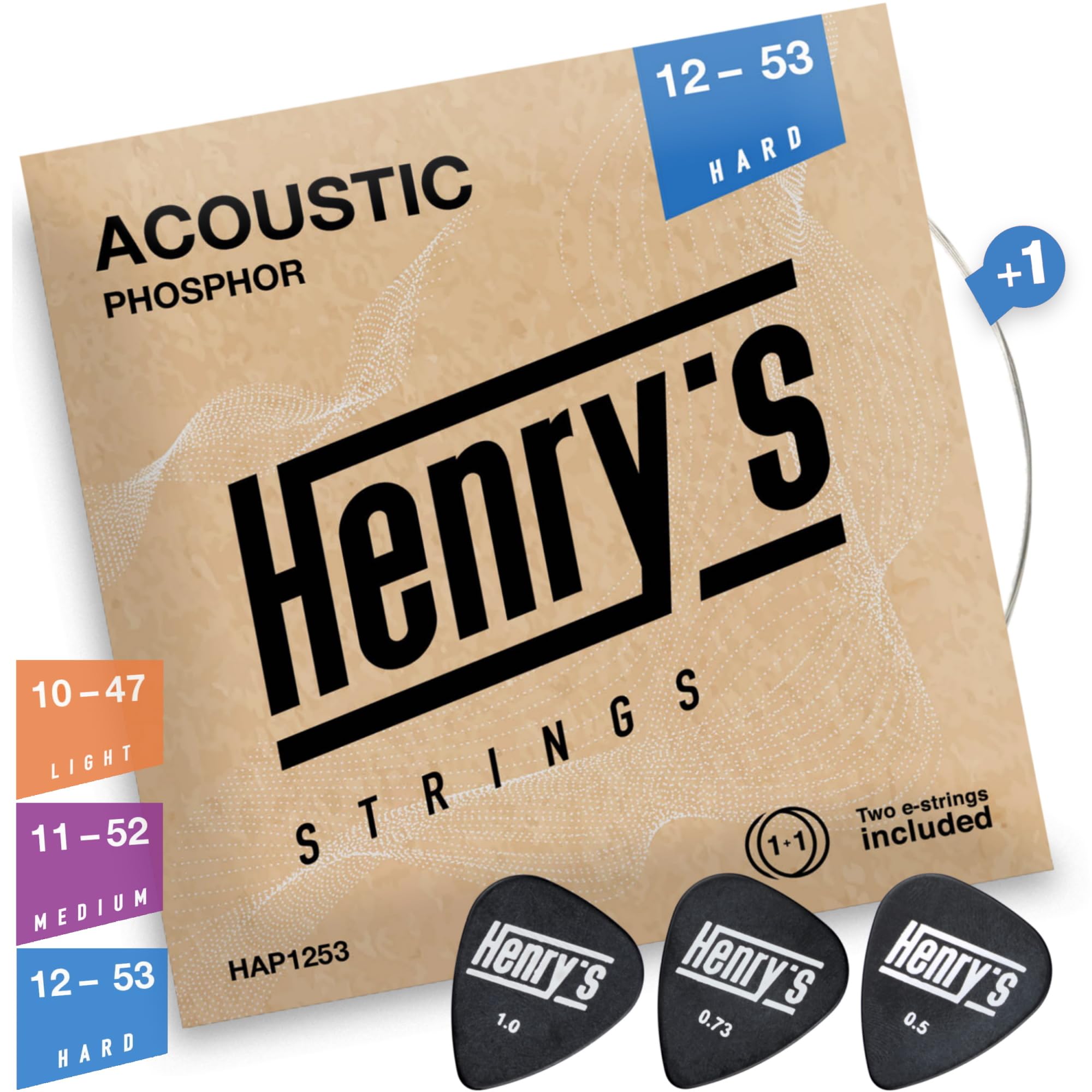 Acoustic Guitar Strings 12-53 - Professional Set - Extra E1 String & 3 Guitar Picks - Acoustic Guitar Strings 6 String Set - Pho