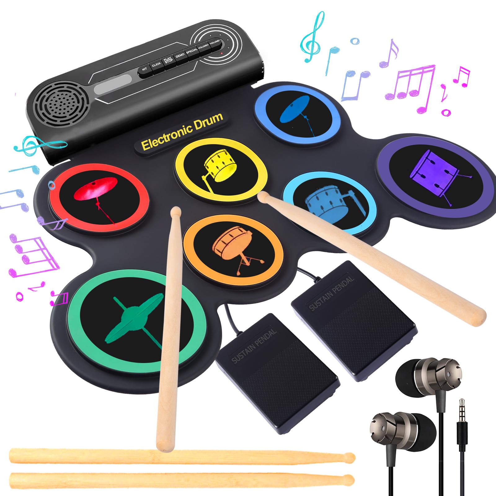 Portable Electronic Drum Set for Beginners: Roll-Up Drum Pad with Headphones, Drumsticks & Pedals - USB MIDI, 10-Hour Playtime, 