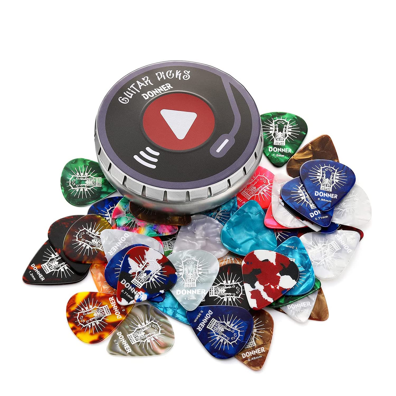 Donner Celluloid Guitar Picks 48 Pack With Case Includes Thin, Medium, Heavy & Extra Heavy Gauges