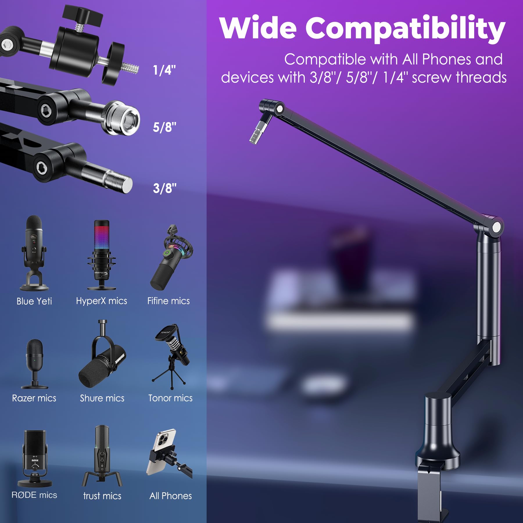 CreaDream Mic Boom Arm, Low Profile Microphone Arm Stand Desk Mount with Screw Adapter, Phone Holder, Detachable Rise Column, Ca