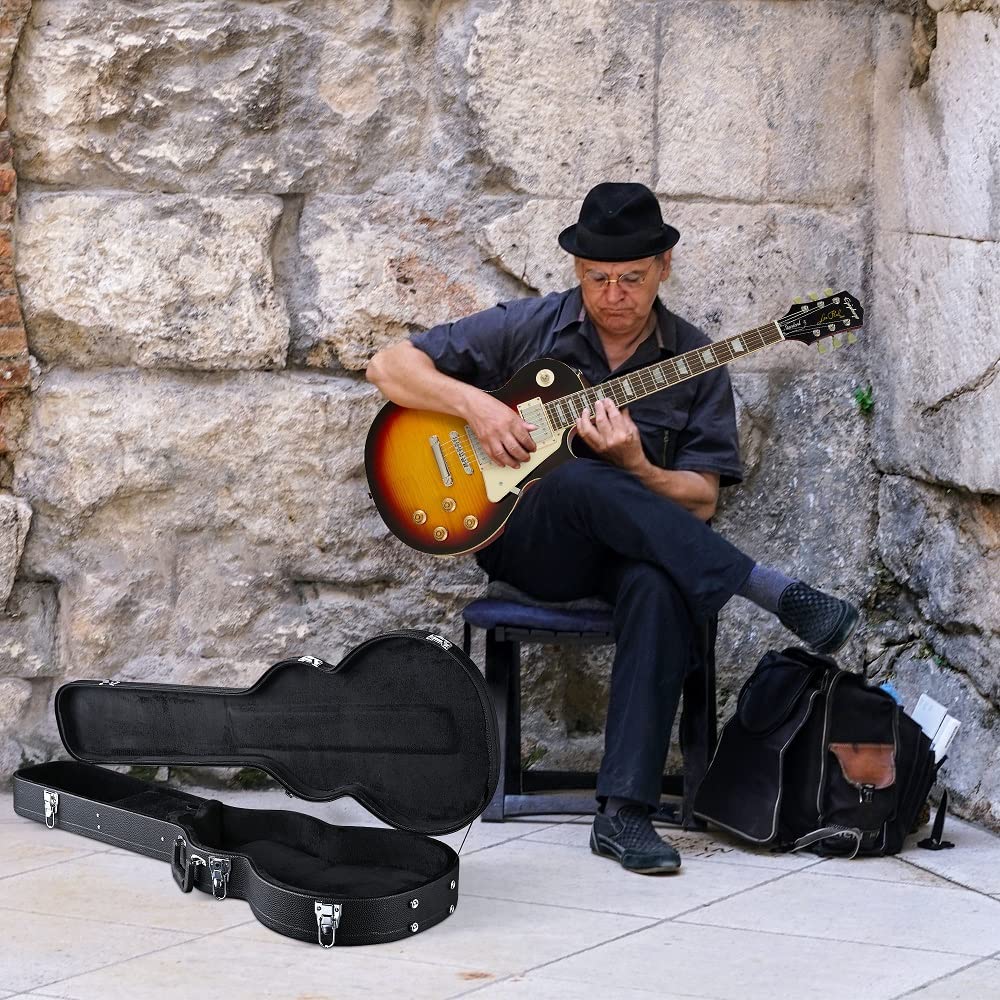 ZeHuoGe Wood Les Paul Style Electric Guitar Case with Foam Padding & Oft Plush Interior, Black PU Surface Sturdy Chrome Latch Fa