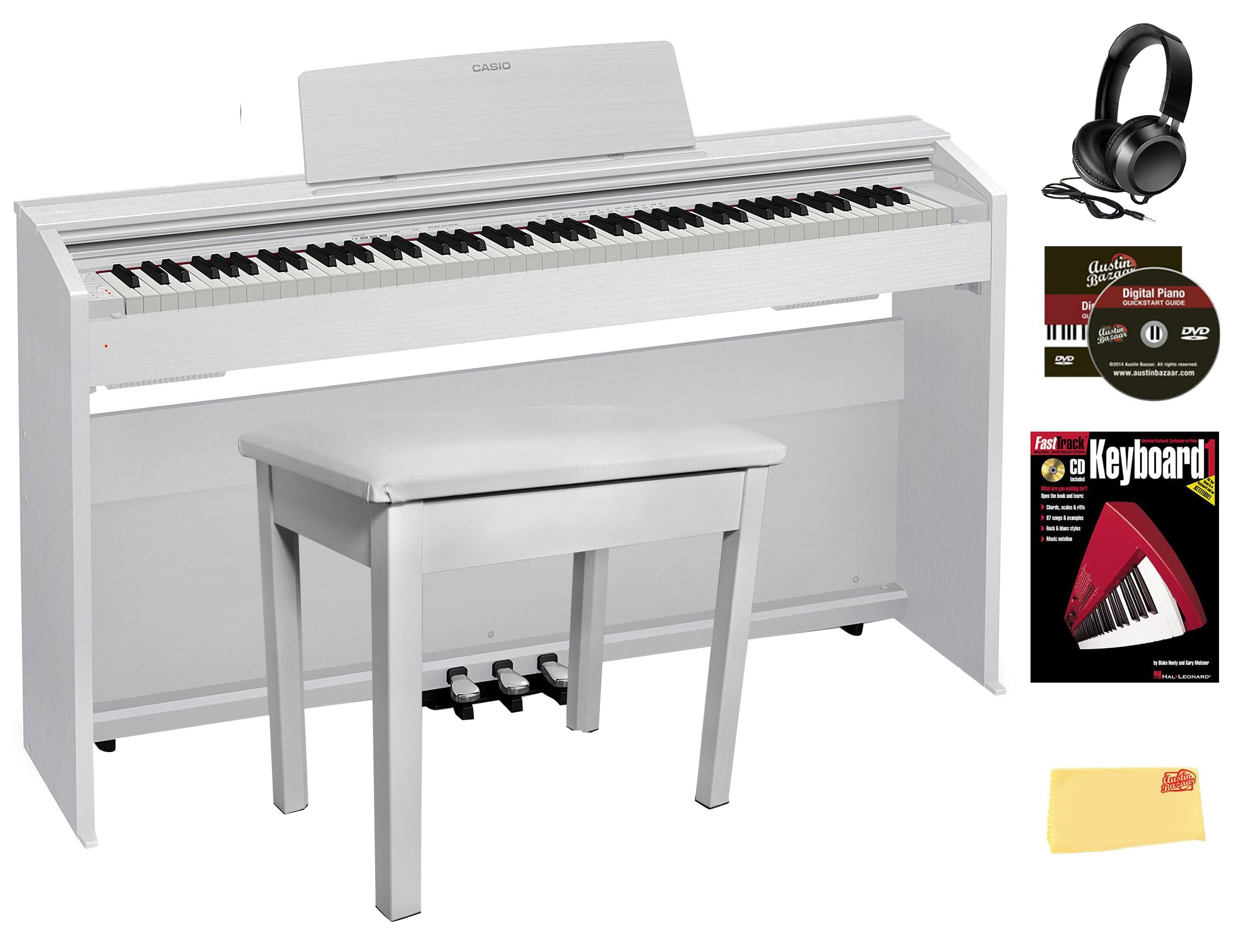 Casio Privia PX-870 Digital Piano - White Bundle with Furniture Bench, Headphones, Instructional Book, Online Piano Lessons, Ins