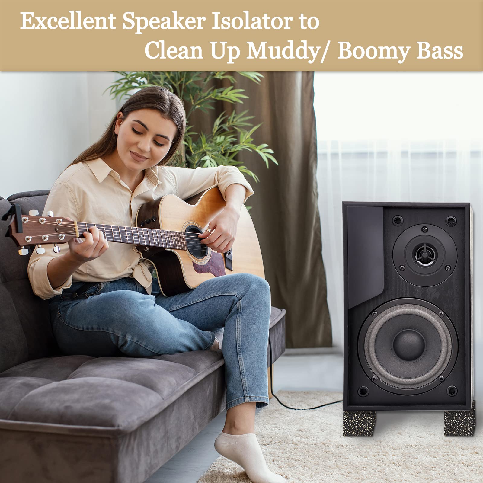 BXI Subwoofer Isolation Pad - 4 Pcs 2 X 2 X 2 Inches Bass Reduction Floorstanding Speakers Mat Riser - Thick Large Rubber Cork A