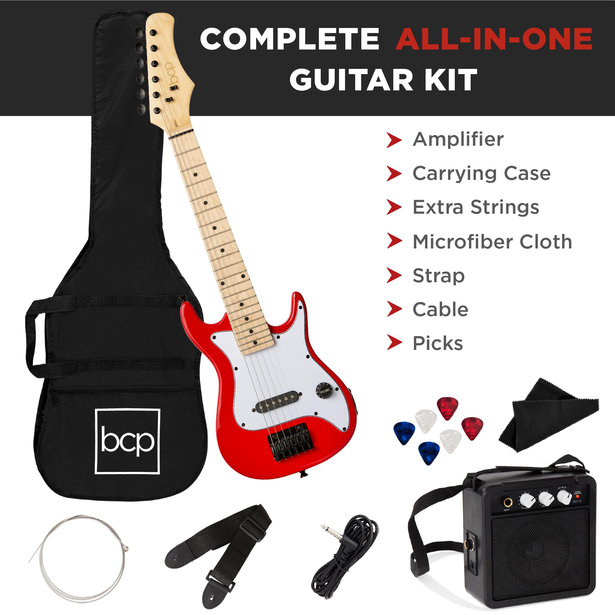 Best Choice Products 30in Kids Electric Guitar Beginner Starter Kit w/ 5W Amplifier, Strap, Gig Bag, Strings, Picks - Metallic R